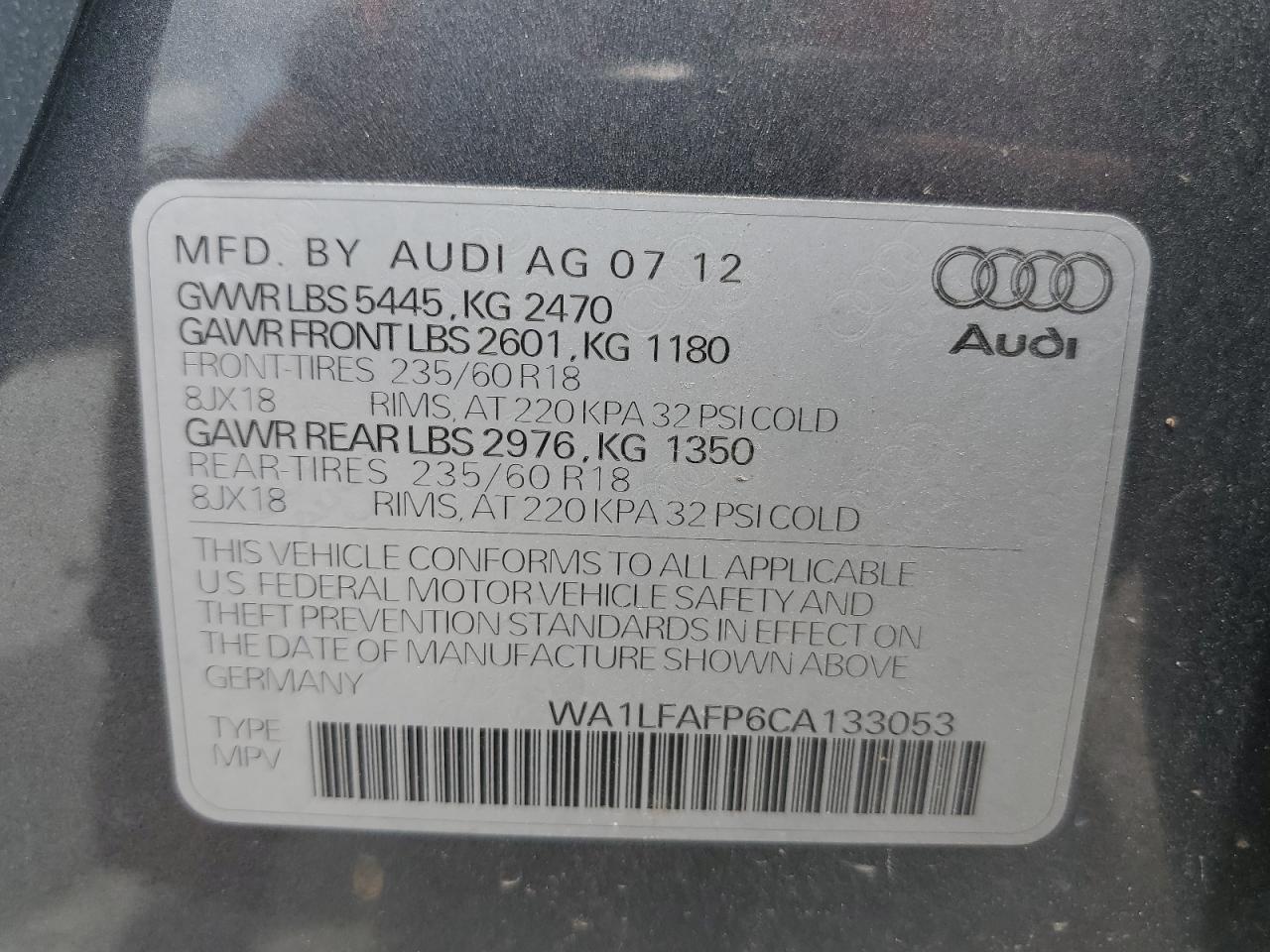 2012 Audi Q5 Premium Plus VIN: WA1LFAFP6CA133053 Lot: 59164684