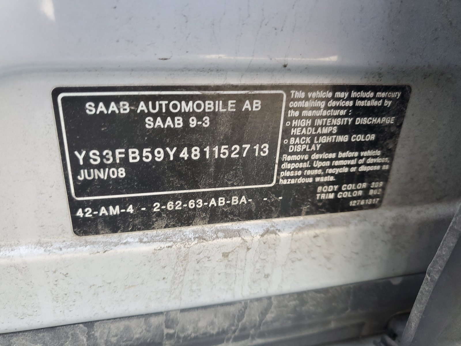 YS3FB59Y481152713 2008 Saab 9-3 2.0T