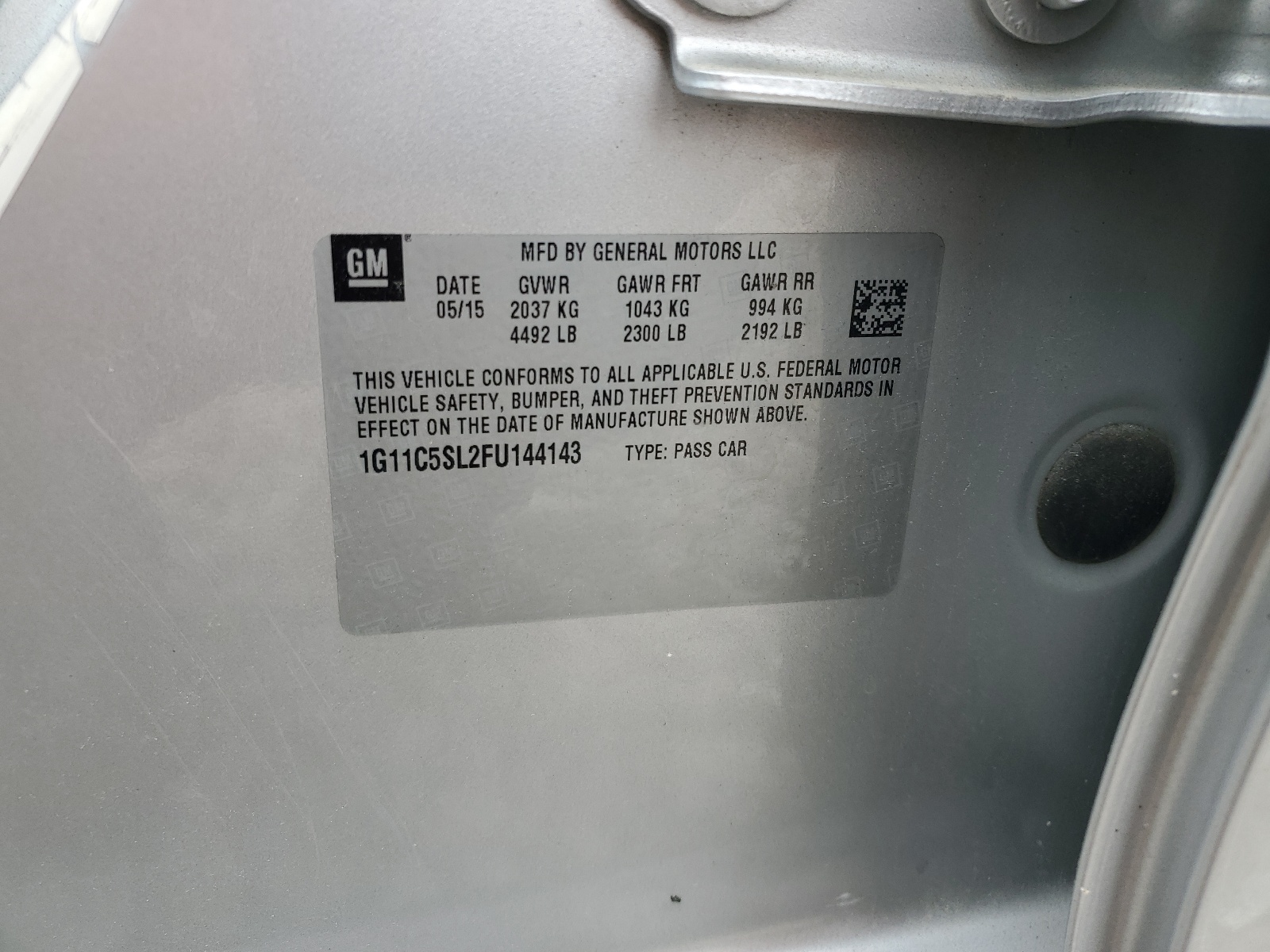 1G11C5SL2FU144143 2015 Chevrolet Malibu 1Lt