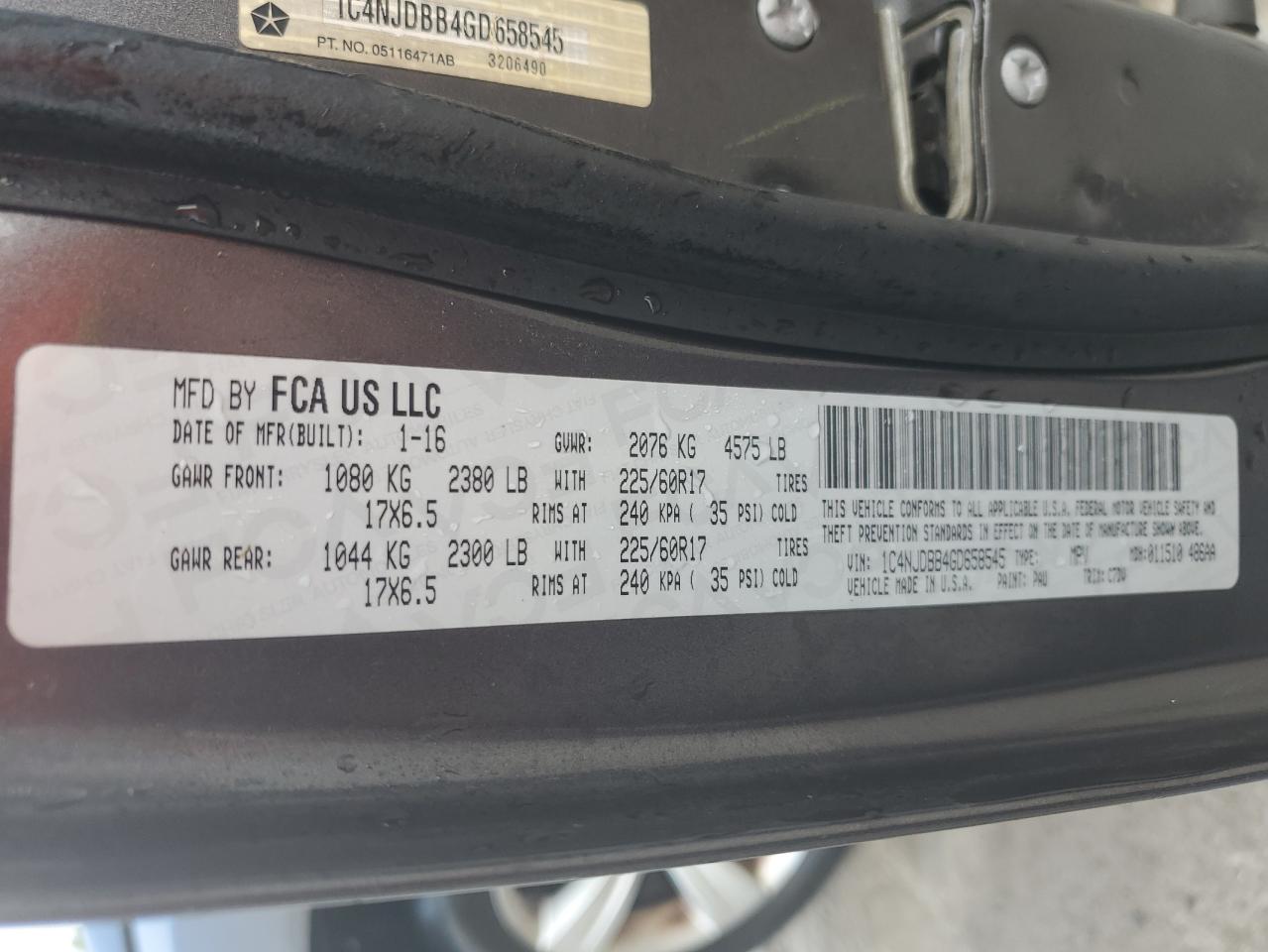 2016 Jeep Compass Sport VIN: 1C4NJDBB4GD658545 Lot: 60464574