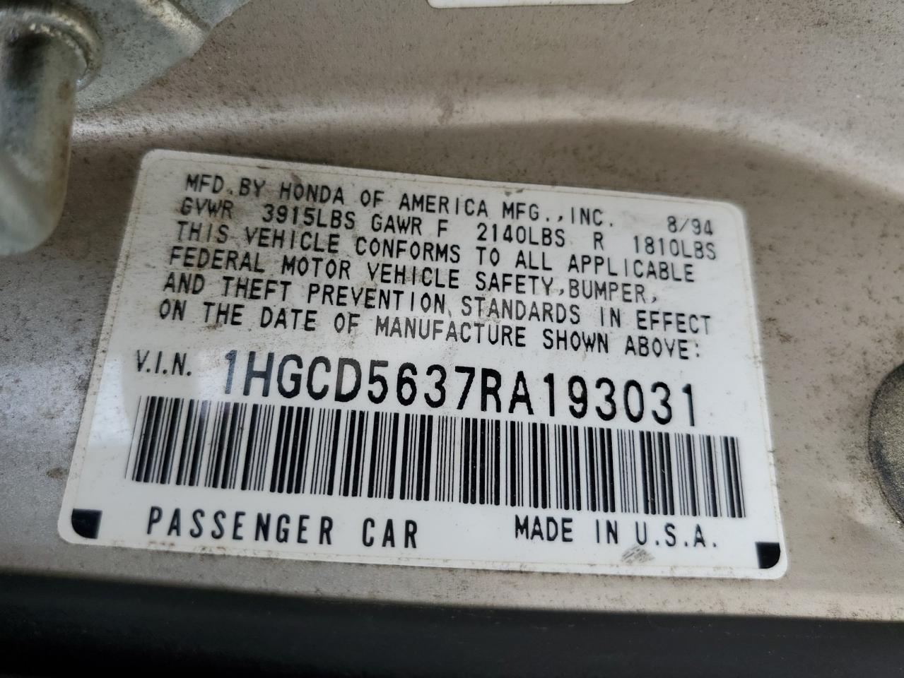 1HGCD5637RA193031 1994 Honda Accord Lx