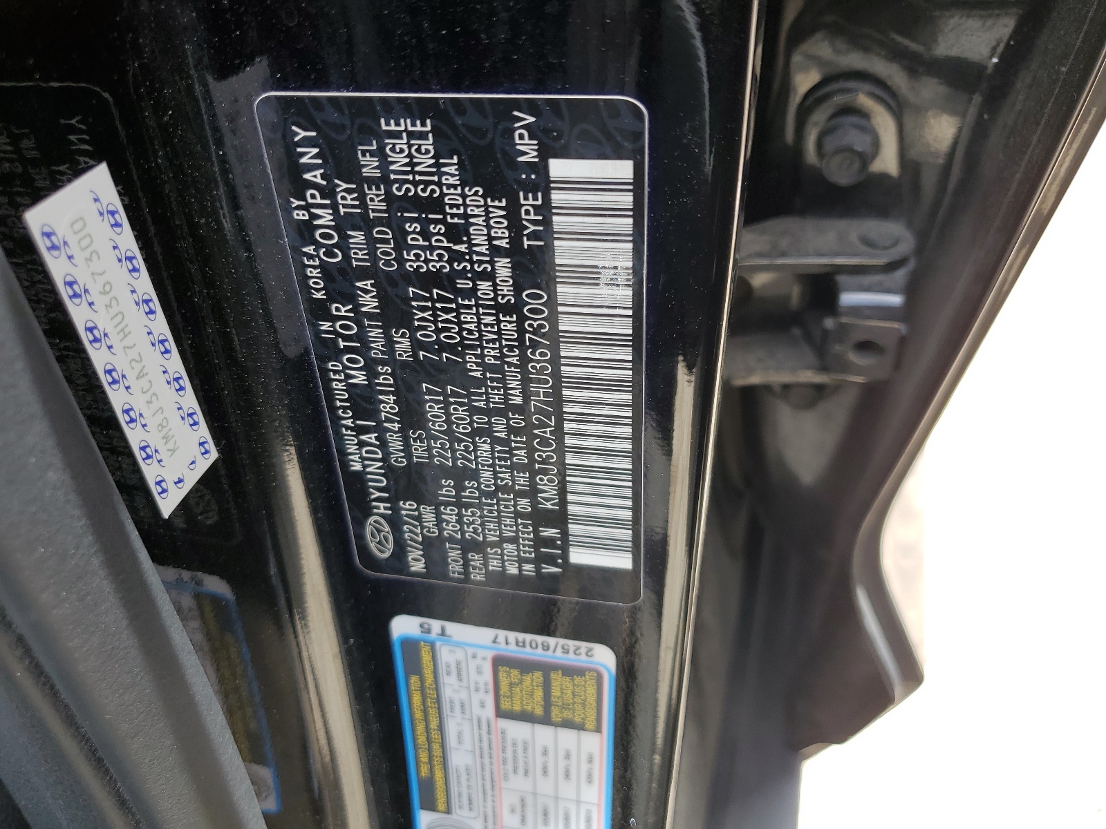 KM8J3CA27HU367300 2017 Hyundai Tucson Limited