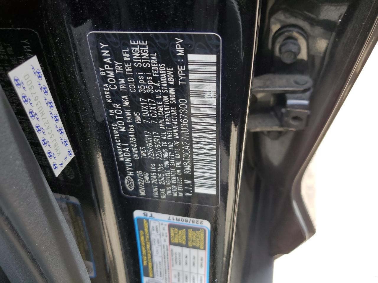 2017 Hyundai Tucson Limited VIN: KM8J3CA27HU367300 Lot: 59042764