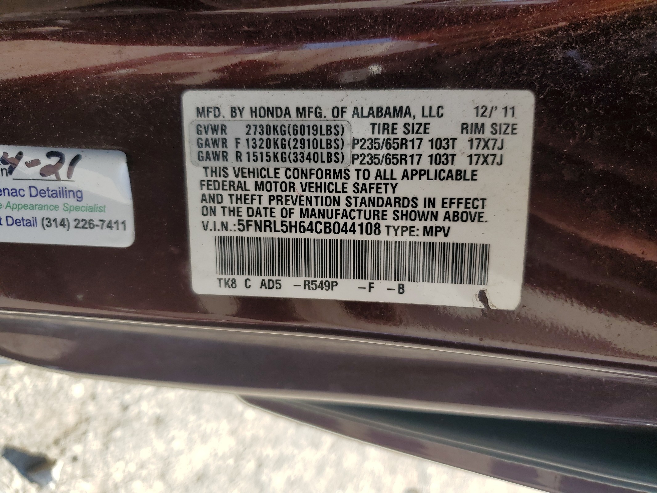 5FNRL5H64CB044108 2012 Honda Odyssey Exl