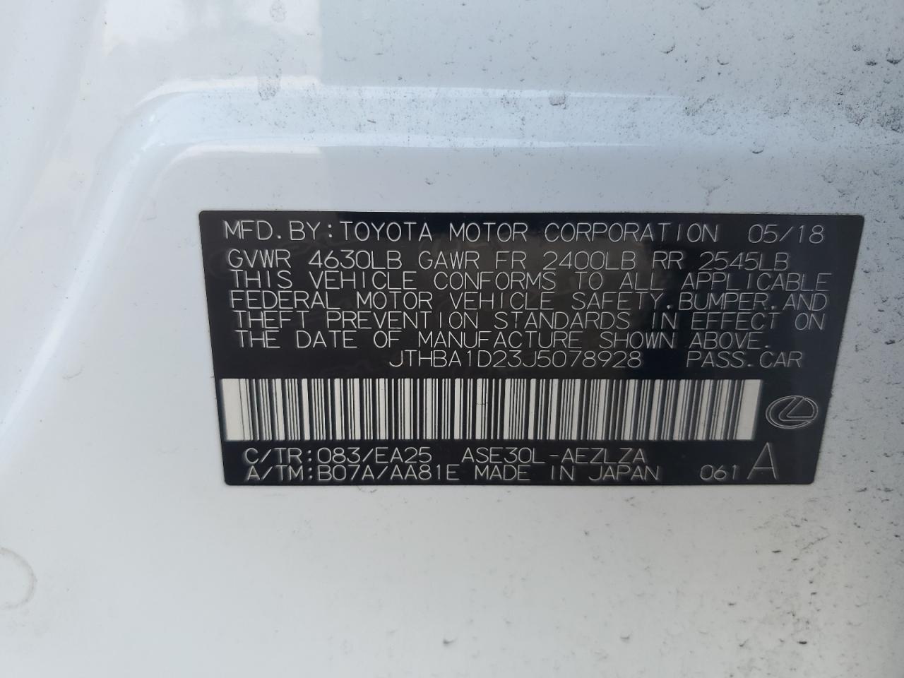 2018 Lexus Is 300 VIN: JTHBA1D23J5078928 Lot: 60677874