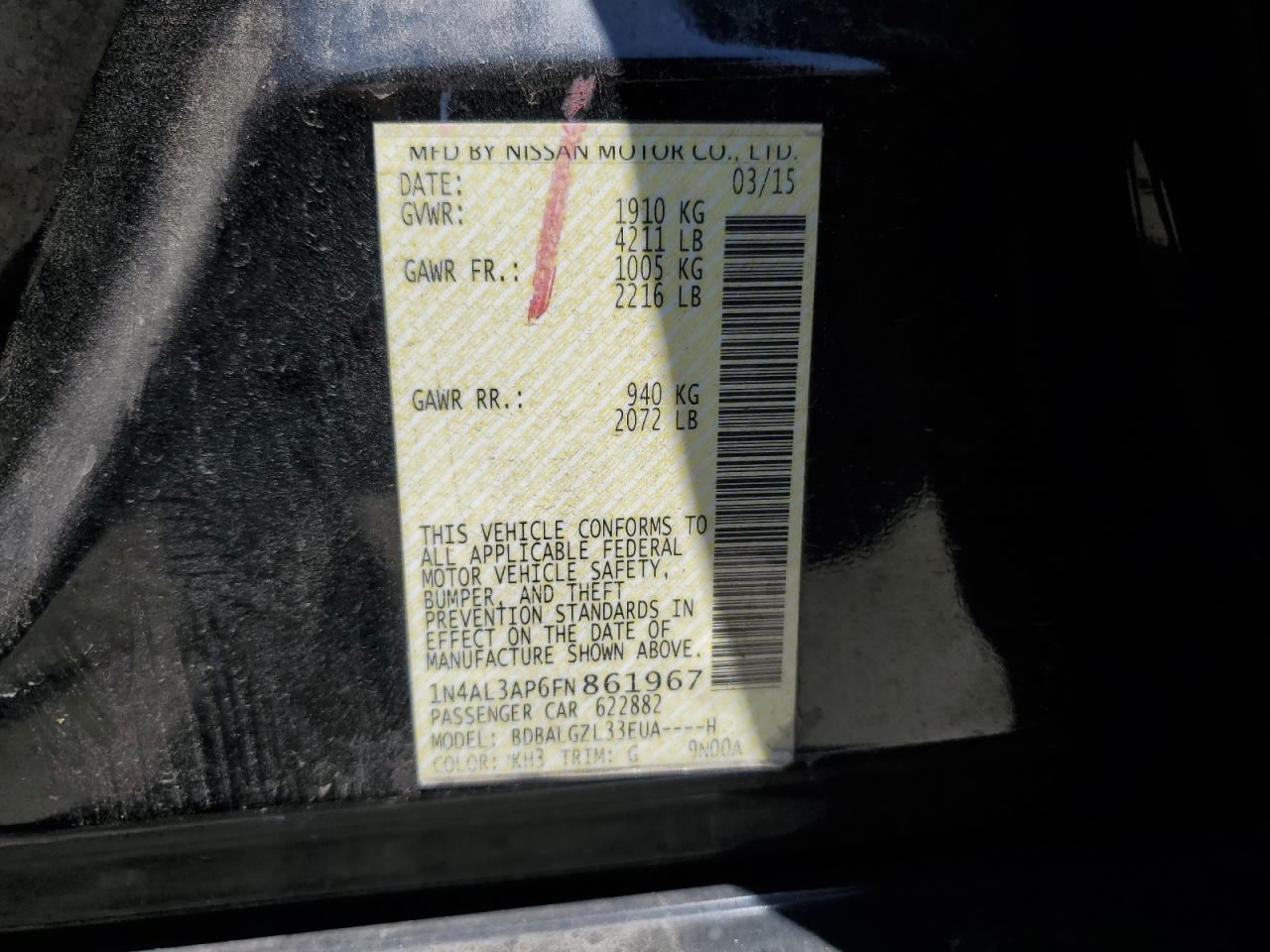 2015 Nissan Altima 2.5 VIN: 1N4AL3AP6FN861967 Lot: 59167364