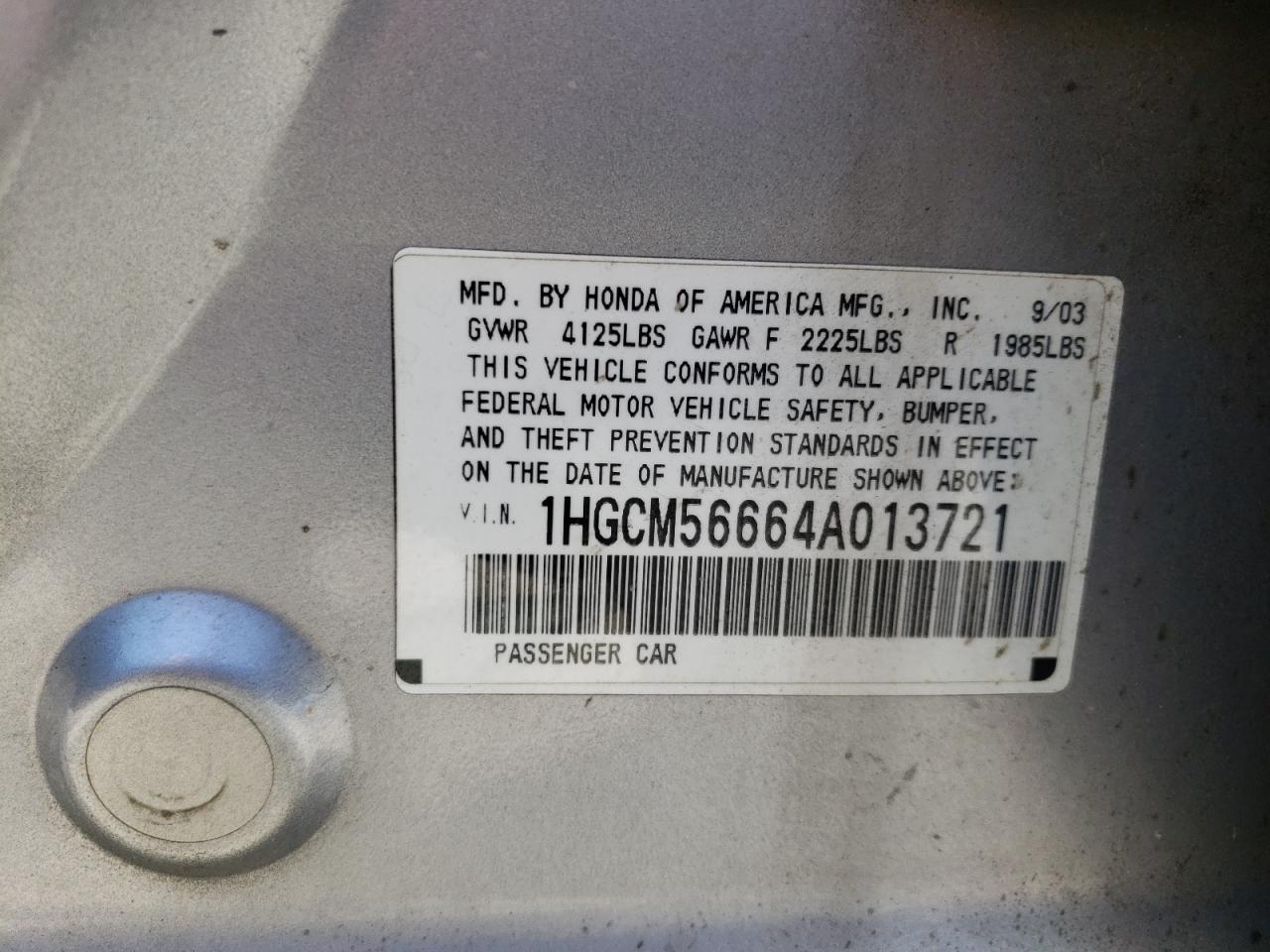 2004 Honda Accord Ex VIN: 1HGCM56664A013721 Lot: 59088794