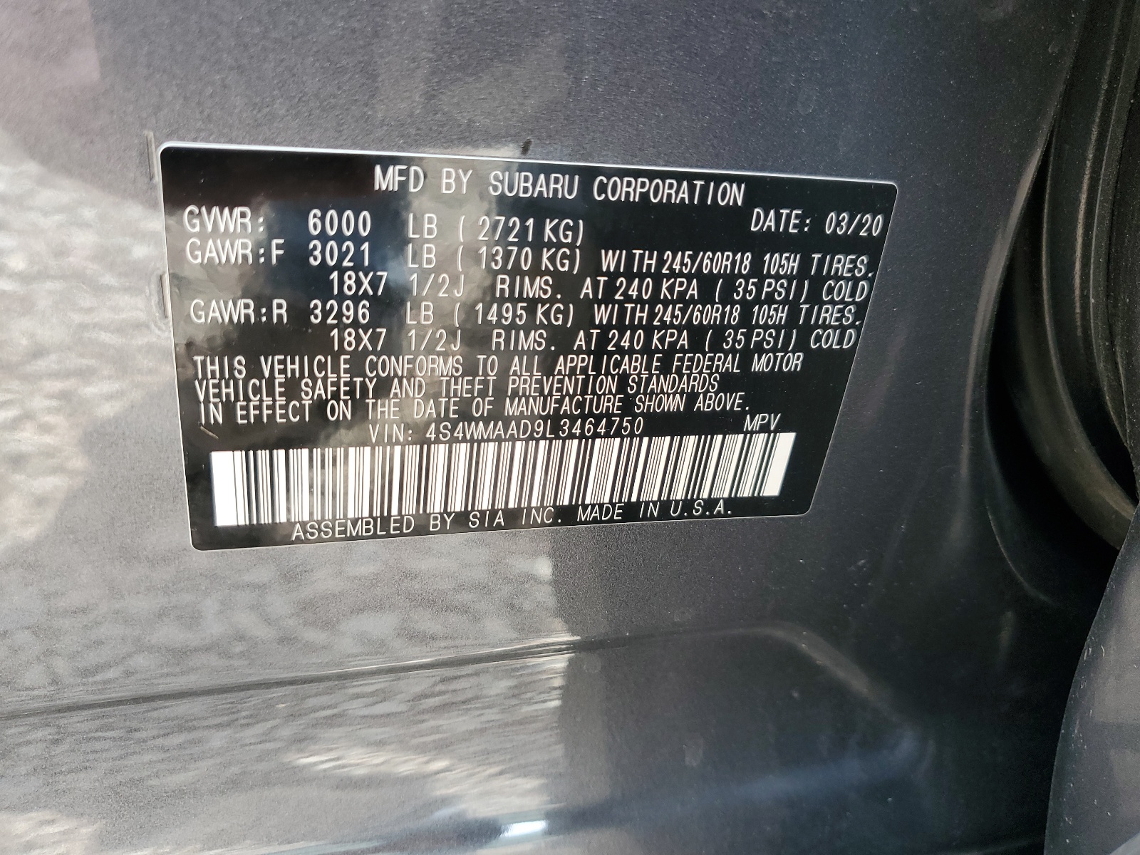 4S4WMAAD9L3464750 2020 Subaru Ascent