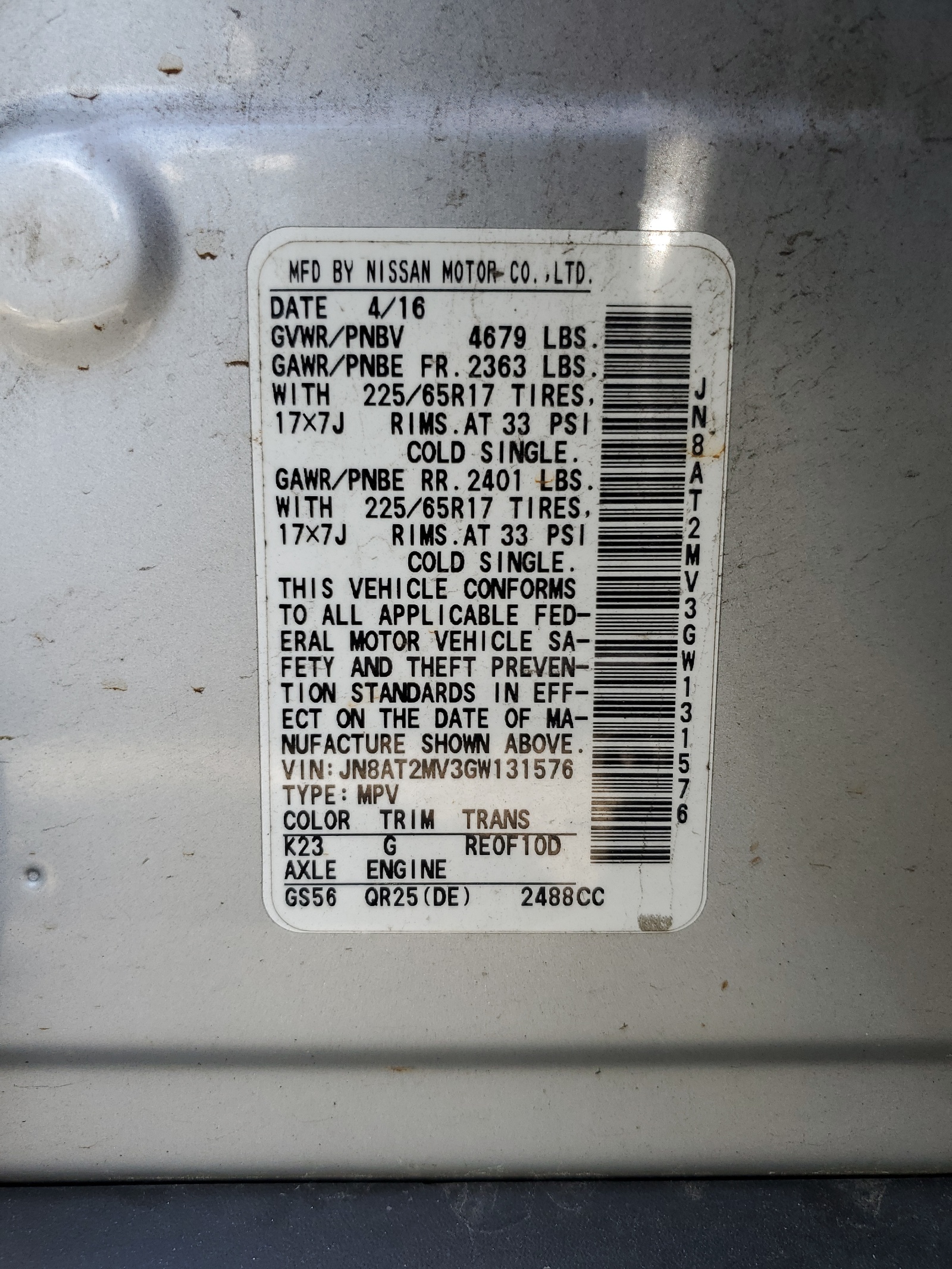 JN8AT2MV3GW131576 2016 Nissan Rogue S