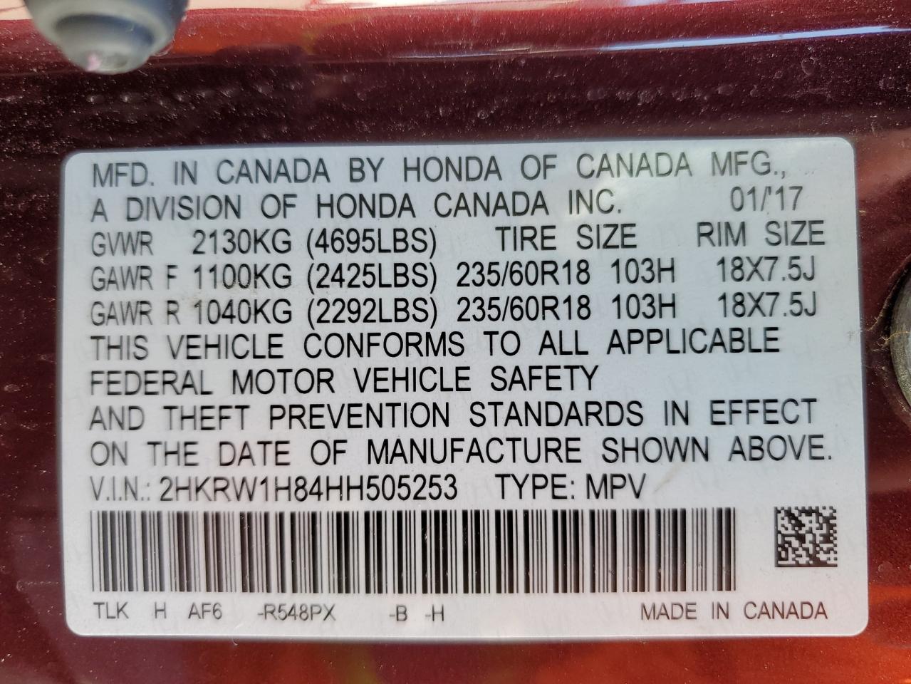 2017 Honda Cr-V Exl VIN: 2HKRW1H84HH505253 Lot: 59742364