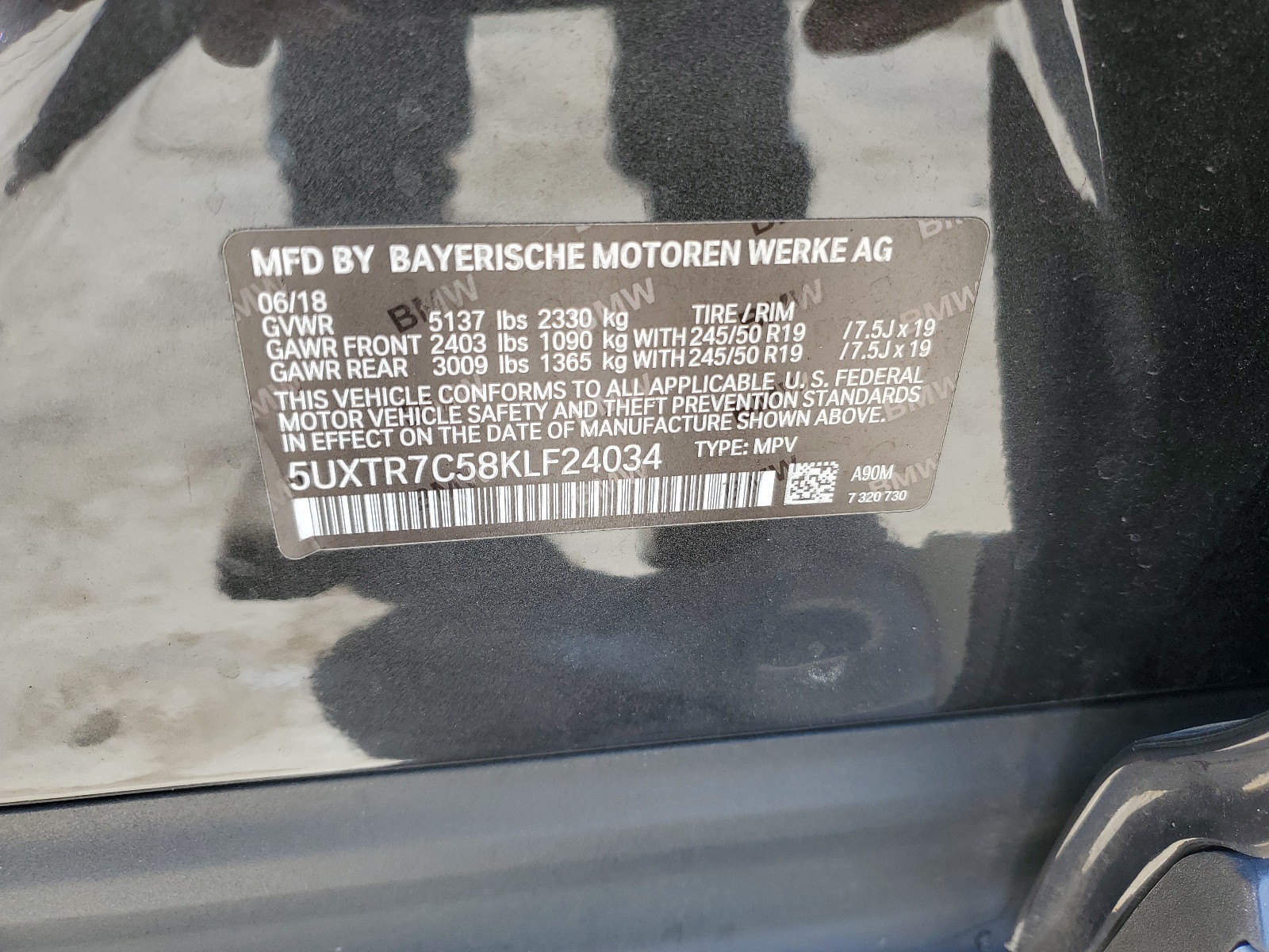 5UXTR7C58KLF24034 2019 BMW X3 Sdrive30I