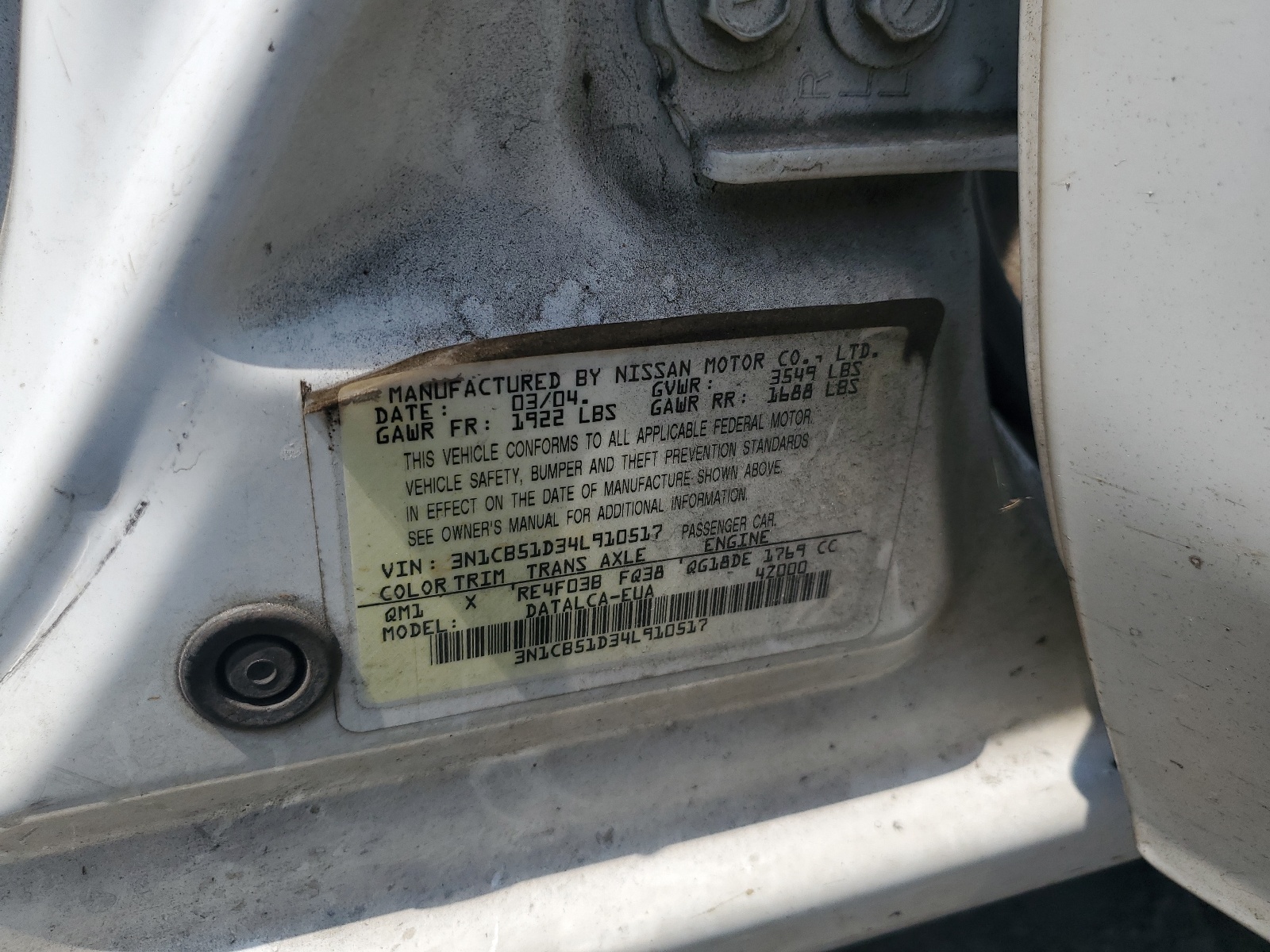 3N1CB51D34L910517 2004 Nissan Sentra 1.8