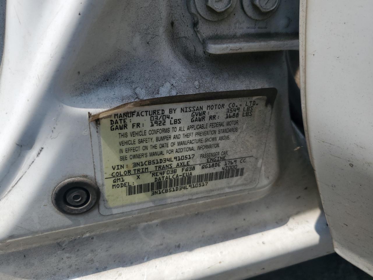 2004 Nissan Sentra 1.8 VIN: 3N1CB51D34L910517 Lot: 60302484