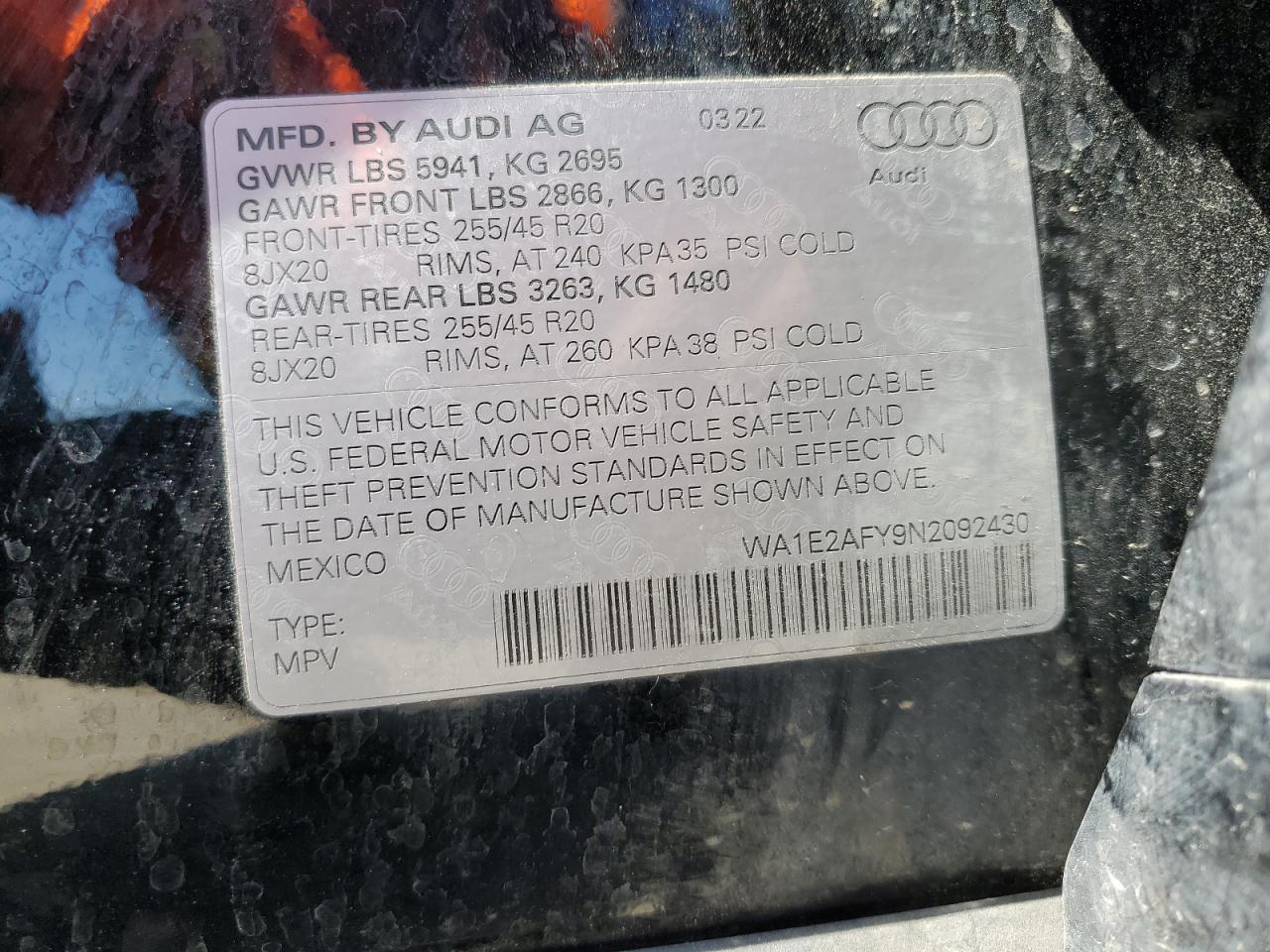 2022 Audi Q5 E Premium Plus 55 VIN: WA1E2AFY9N2092430 Lot: 59960874