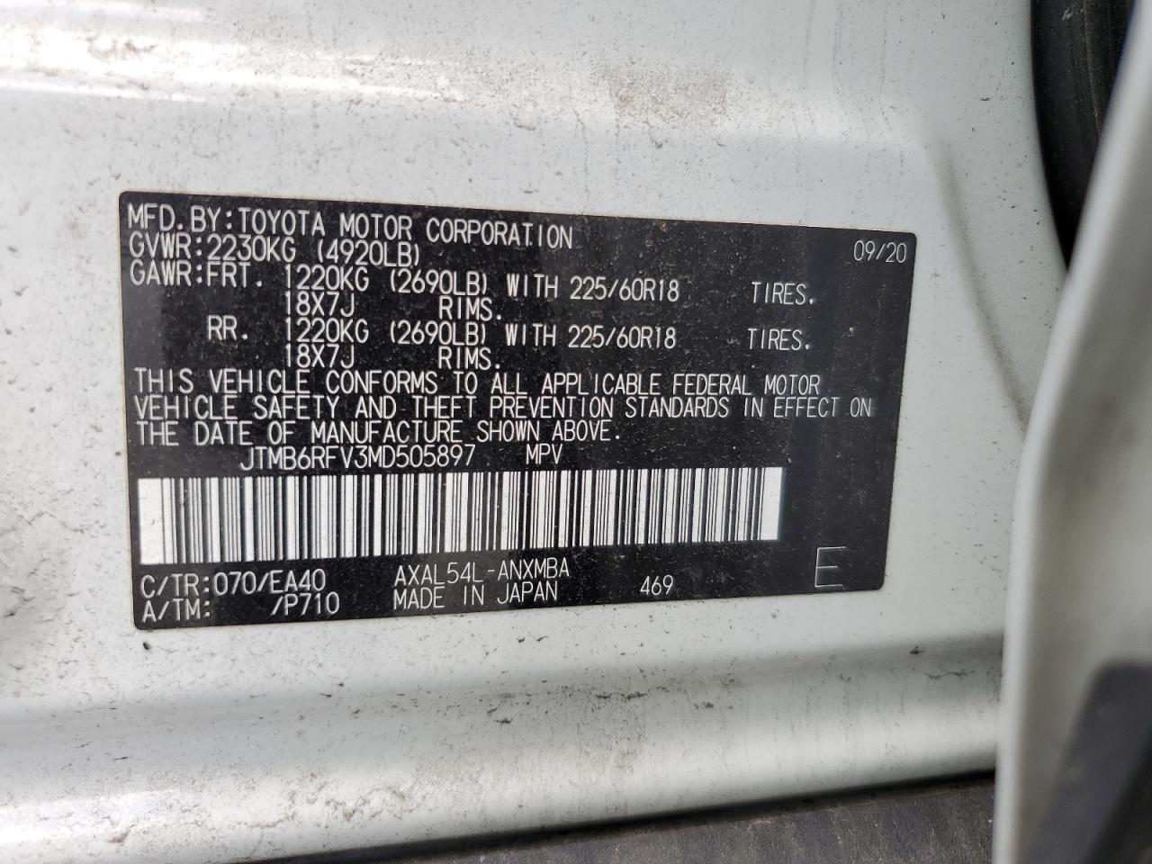 2021 Toyota Rav4 Xle Premium VIN: JTMB6RFV3MD505897 Lot: 59052544