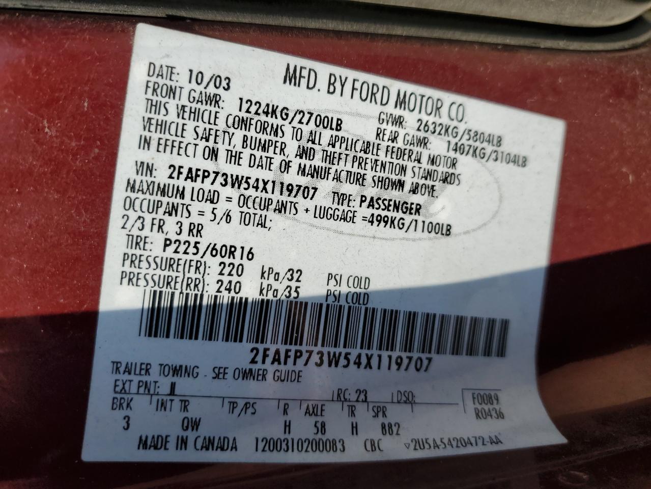 2004 Ford Crown Victoria VIN: 2FAFP73W54X119707 Lot: 59912664