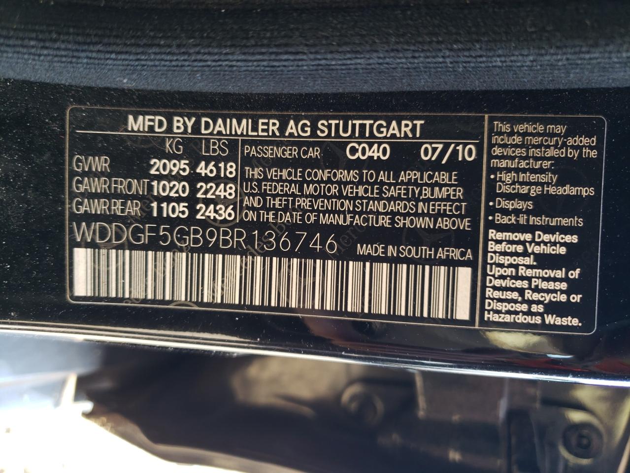 2011 Mercedes-Benz C 350 VIN: WDDGF5GB9BR136746 Lot: 58753254