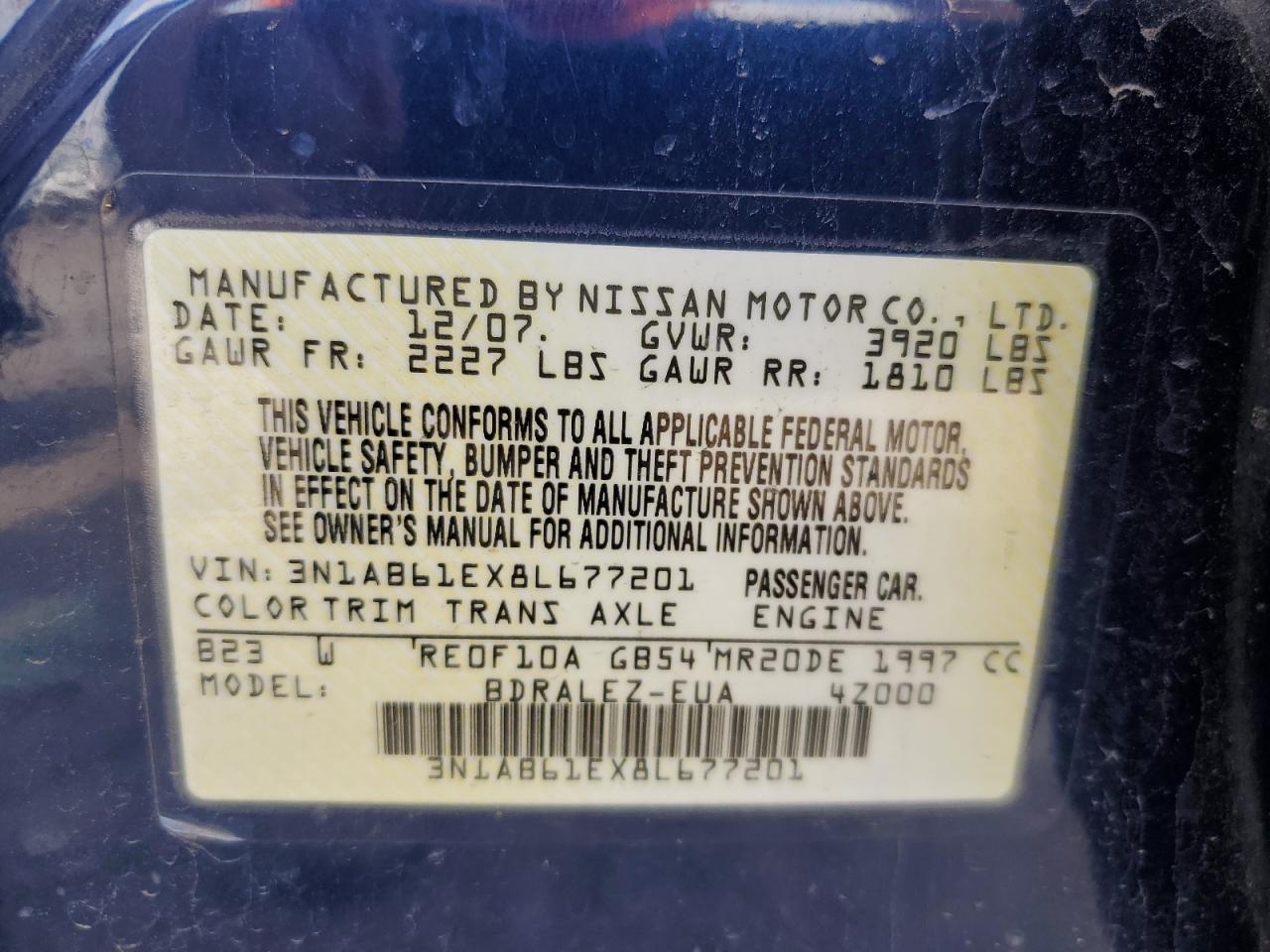 2008 Nissan Sentra 2.0 VIN: 3N1AB61EX8L677201 Lot: 57212414