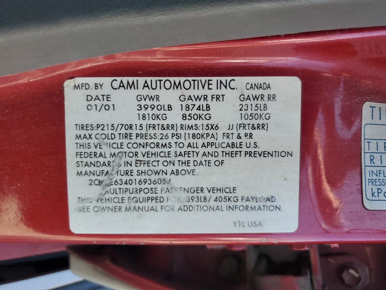 2001 Chevrolet Tracker Lt VIN: 2CNBE634016936054 Lot: 58880484