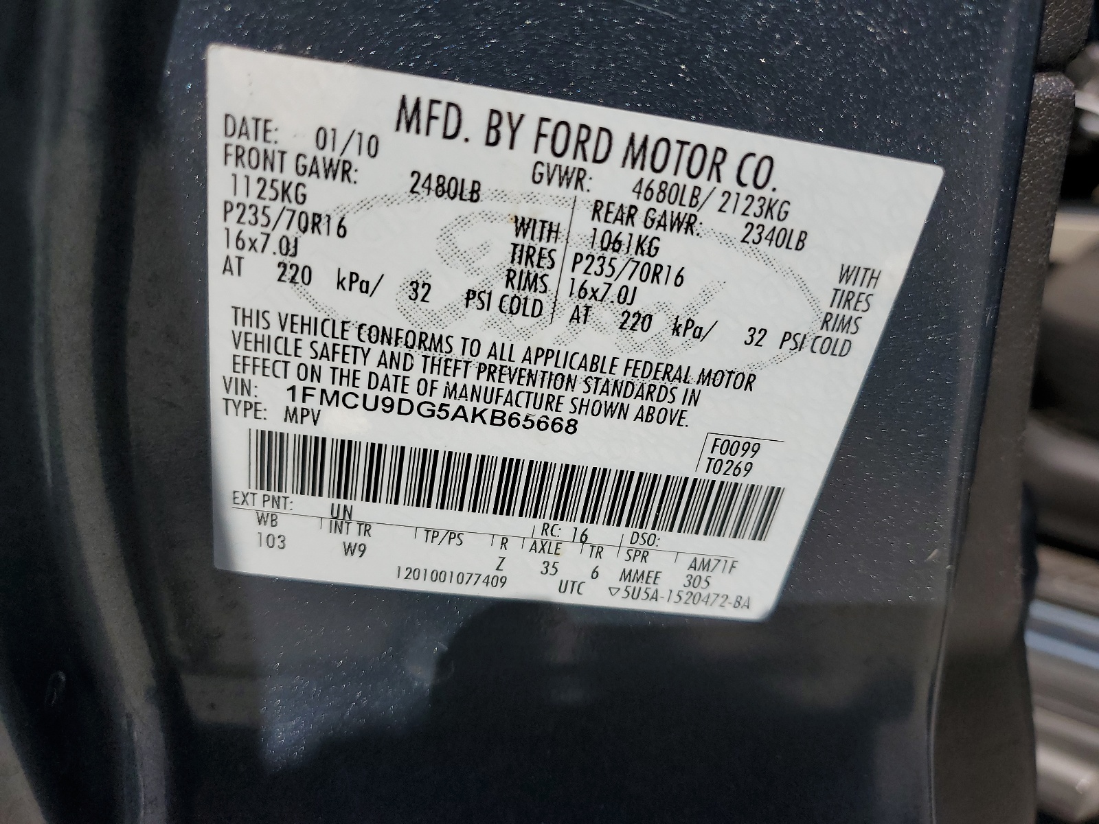 1FMCU9DG5AKB65668 2010 Ford Escape Xlt