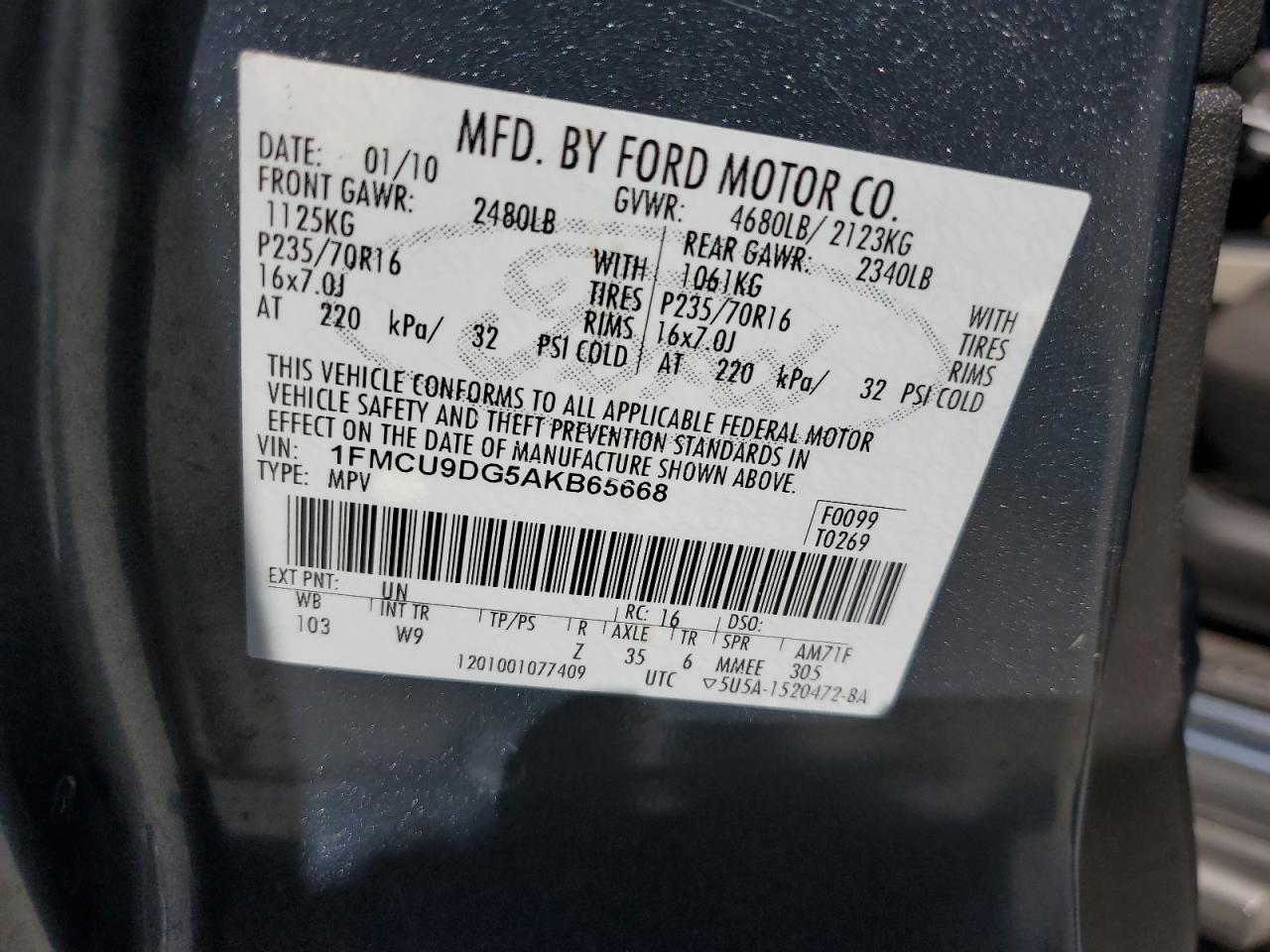 2010 Ford Escape Xlt VIN: 1FMCU9DG5AKB65668 Lot: 59106384