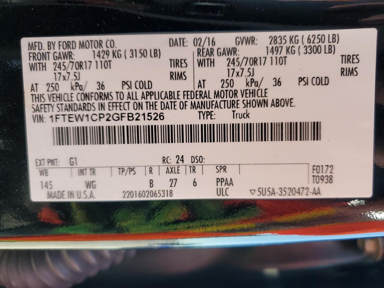 2016 Ford F150 Supercrew VIN: 1FTEW1CP2GFB21526 Lot: 57674474