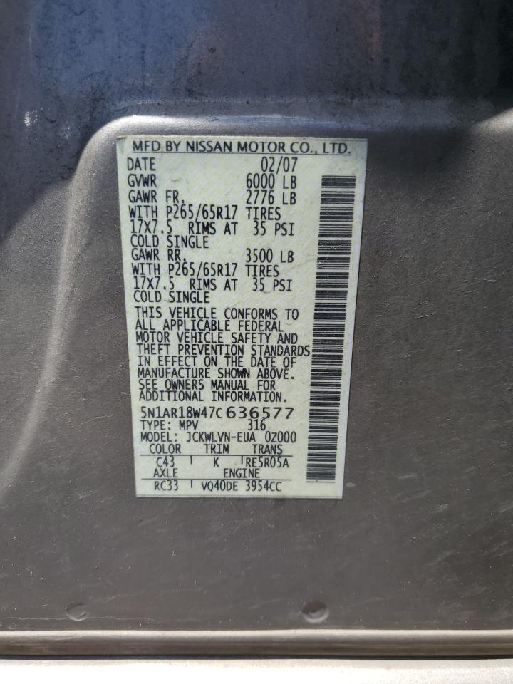 2007 Nissan Pathfinder Le VIN: 5N1AR18W47C636577 Lot: 58715594