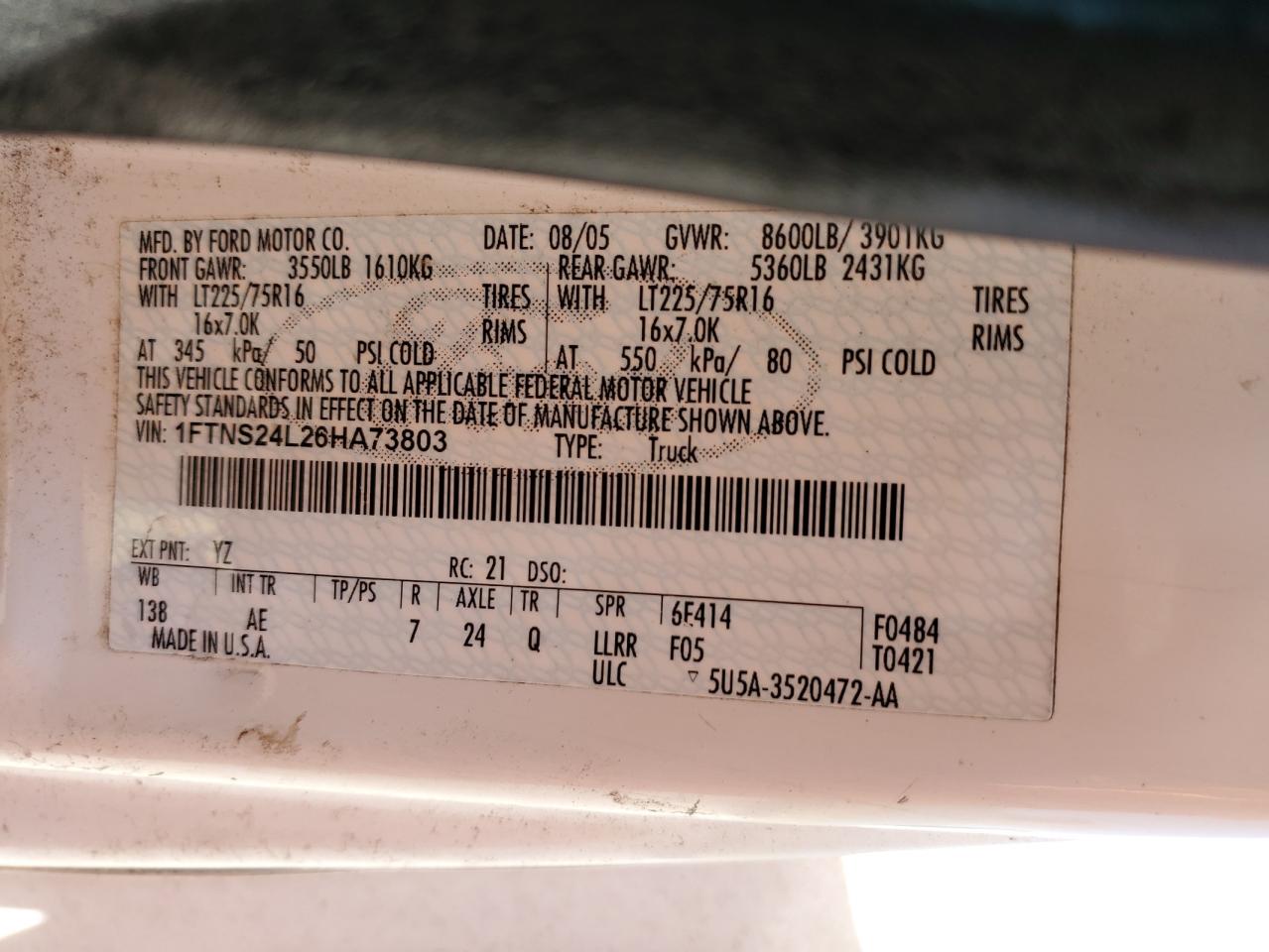 2006 Ford Econoline E250 Van VIN: 1FTNS24L26HA73803 Lot: 60315304