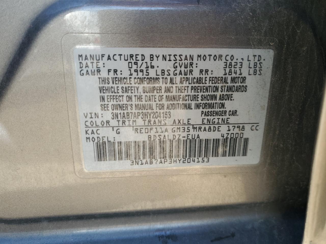 3N1AB7AP3HY204153 2017 Nissan Sentra S