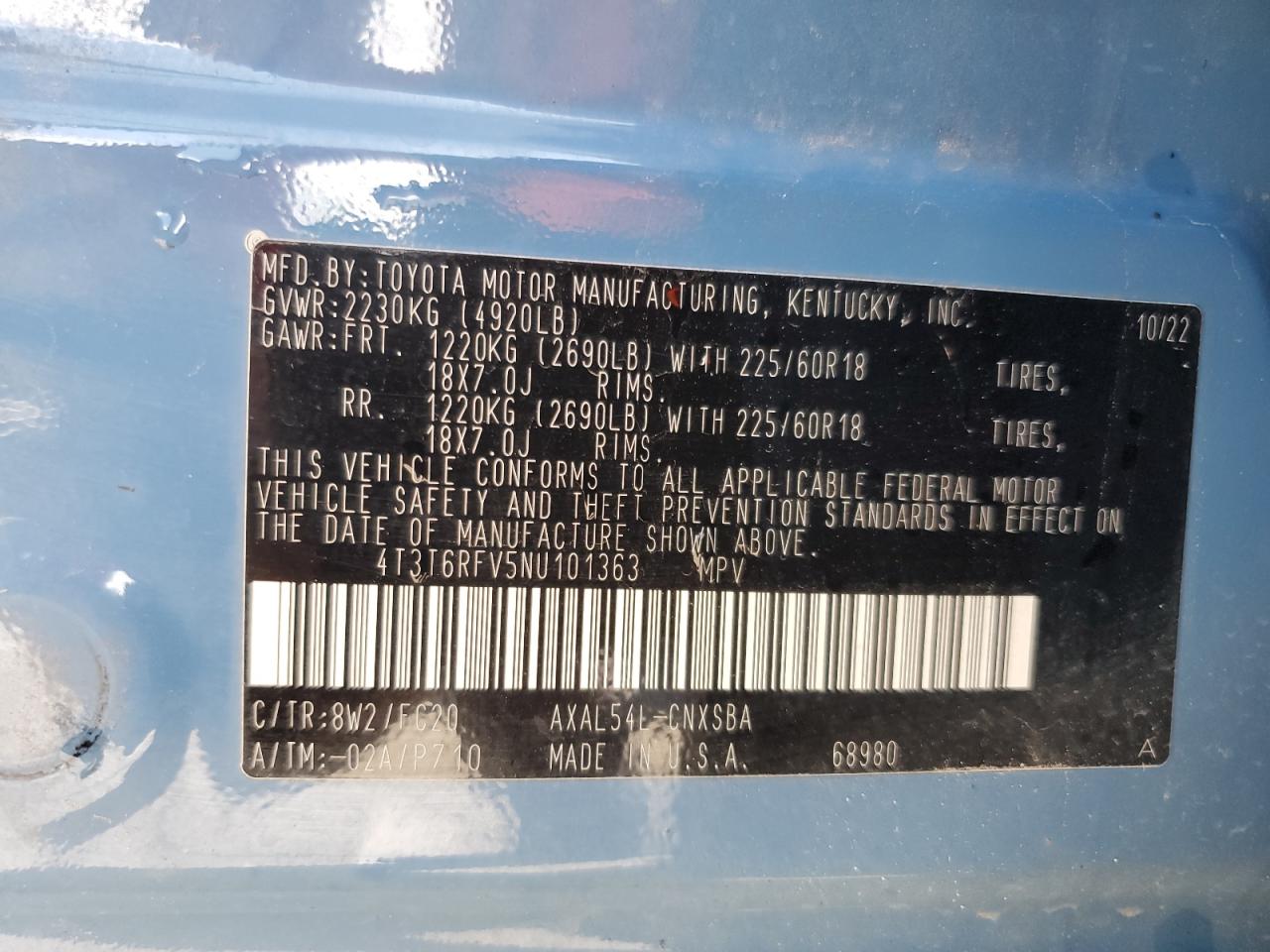 2022 Toyota Rav4 Se VIN: 4T3T6RFV5NU101363 Lot: 59700474