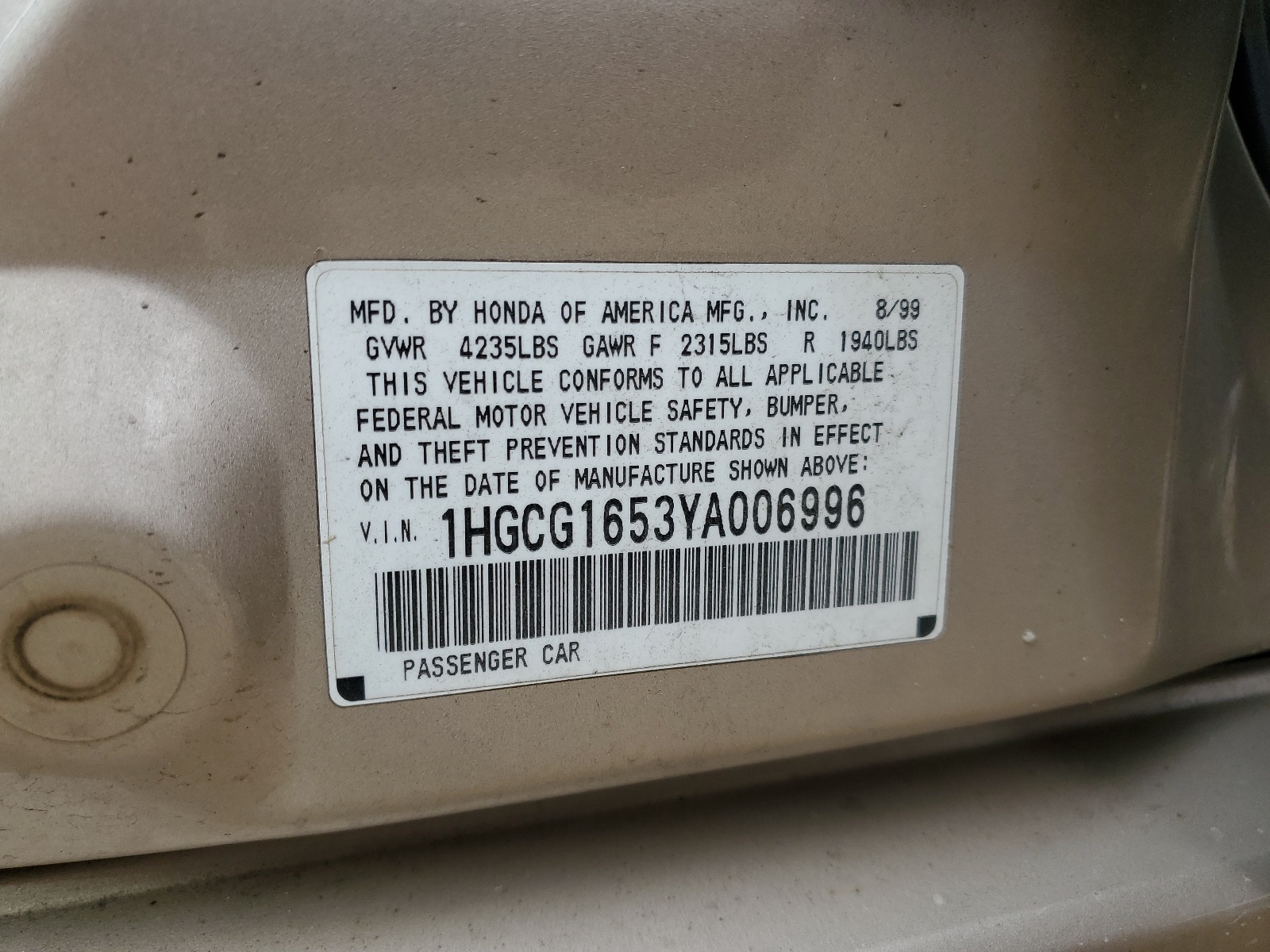 1HGCG1653YA006996 2000 Honda Accord Ex