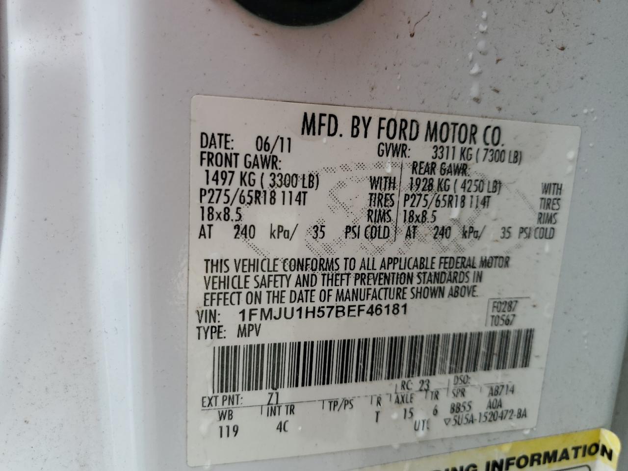 2011 Ford Expedition Xlt VIN: 1FMJU1H57BEF46181 Lot: 60854544