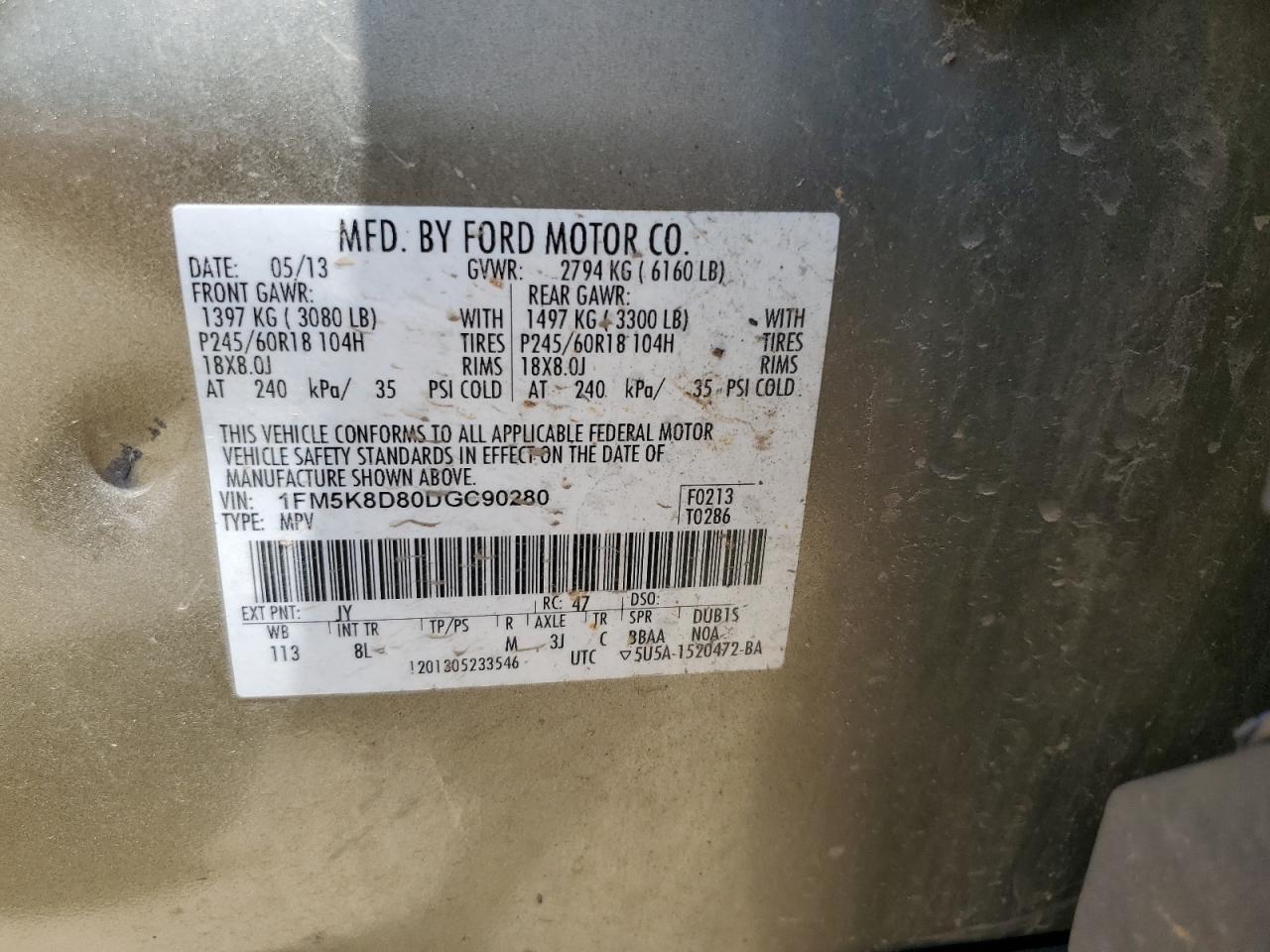 2013 Ford Explorer Xlt VIN: 1FM5K8D80DGC90280 Lot: 60277534