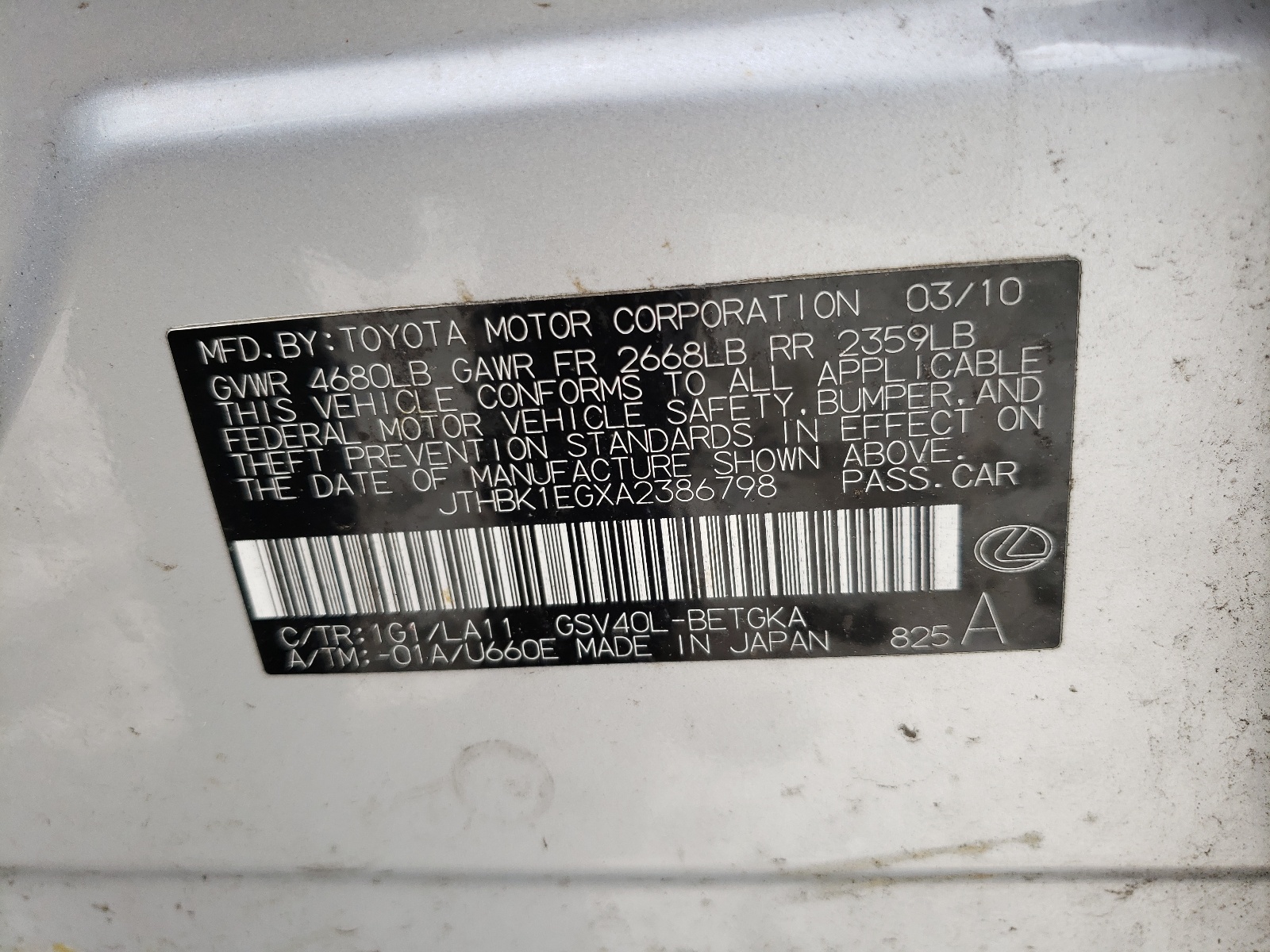 JTHBK1EGXA2386798 2010 Lexus Es 350