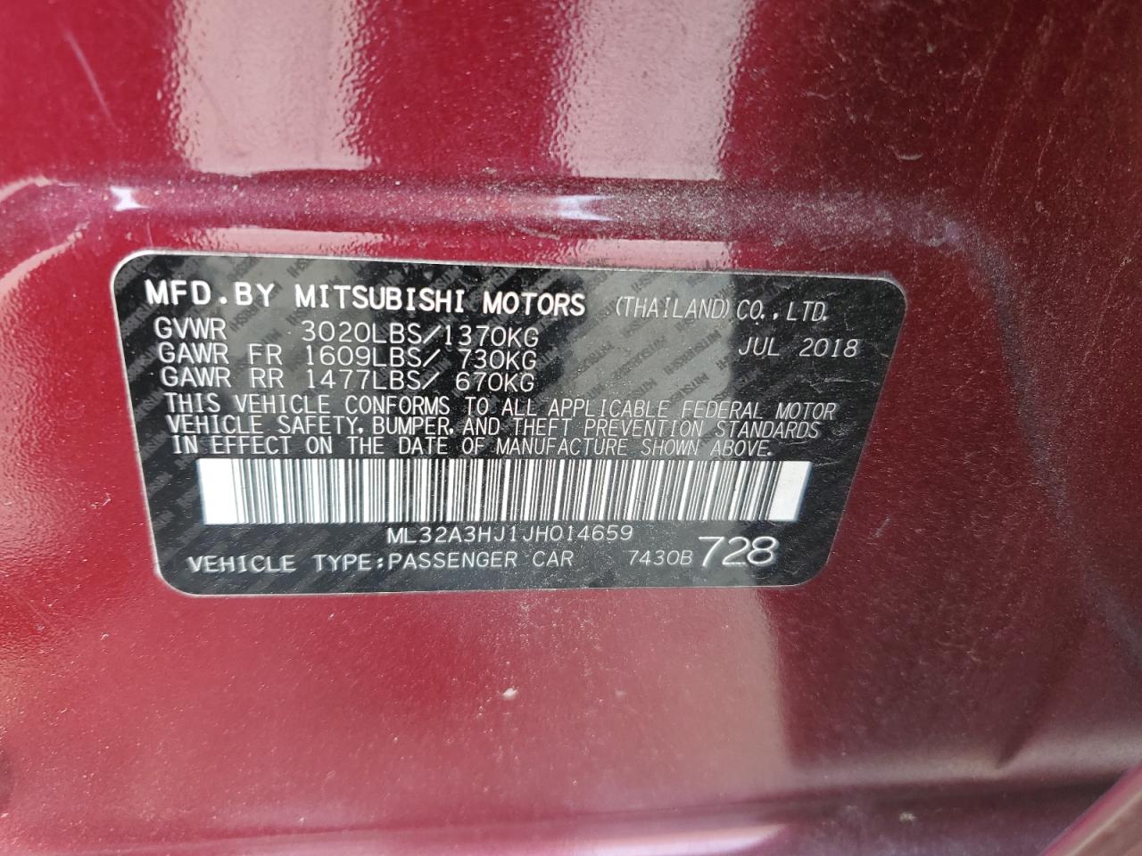 2018 Mitsubishi Mirage Es VIN: ML32A3HJ1JH014659 Lot: 59207084