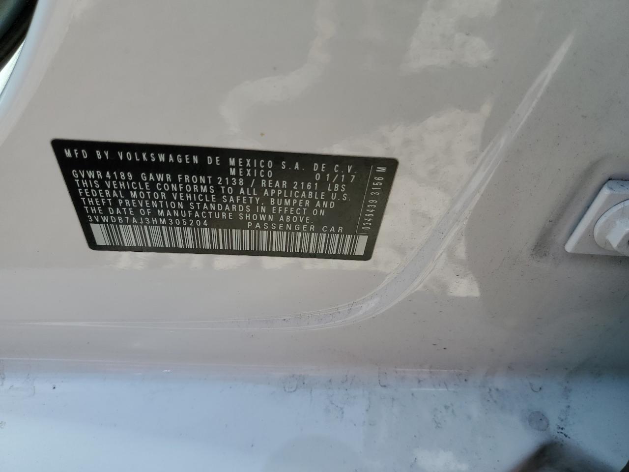 2017 Volkswagen Jetta Se VIN: 3VWDB7AJ3HM305204 Lot: 59959944