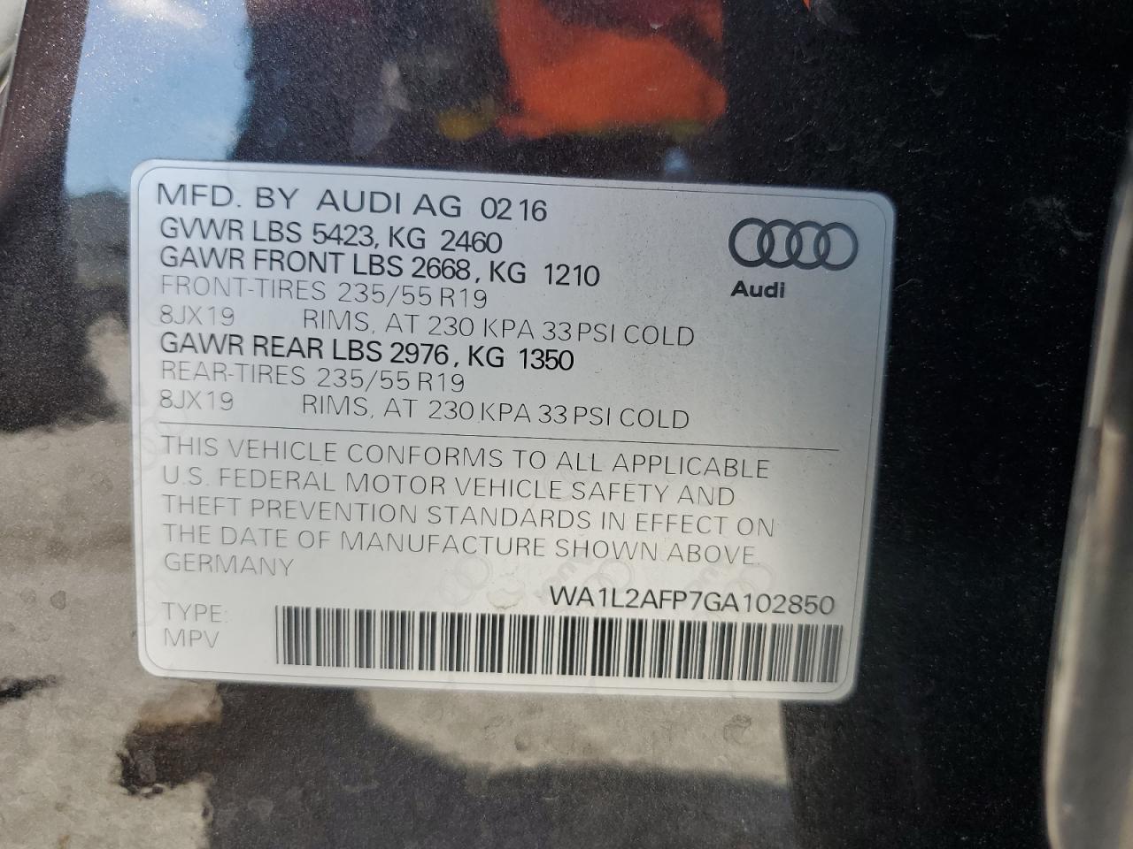 2016 Audi Q5 Premium Plus VIN: WA1L2AFP7GA102850 Lot: 59017234