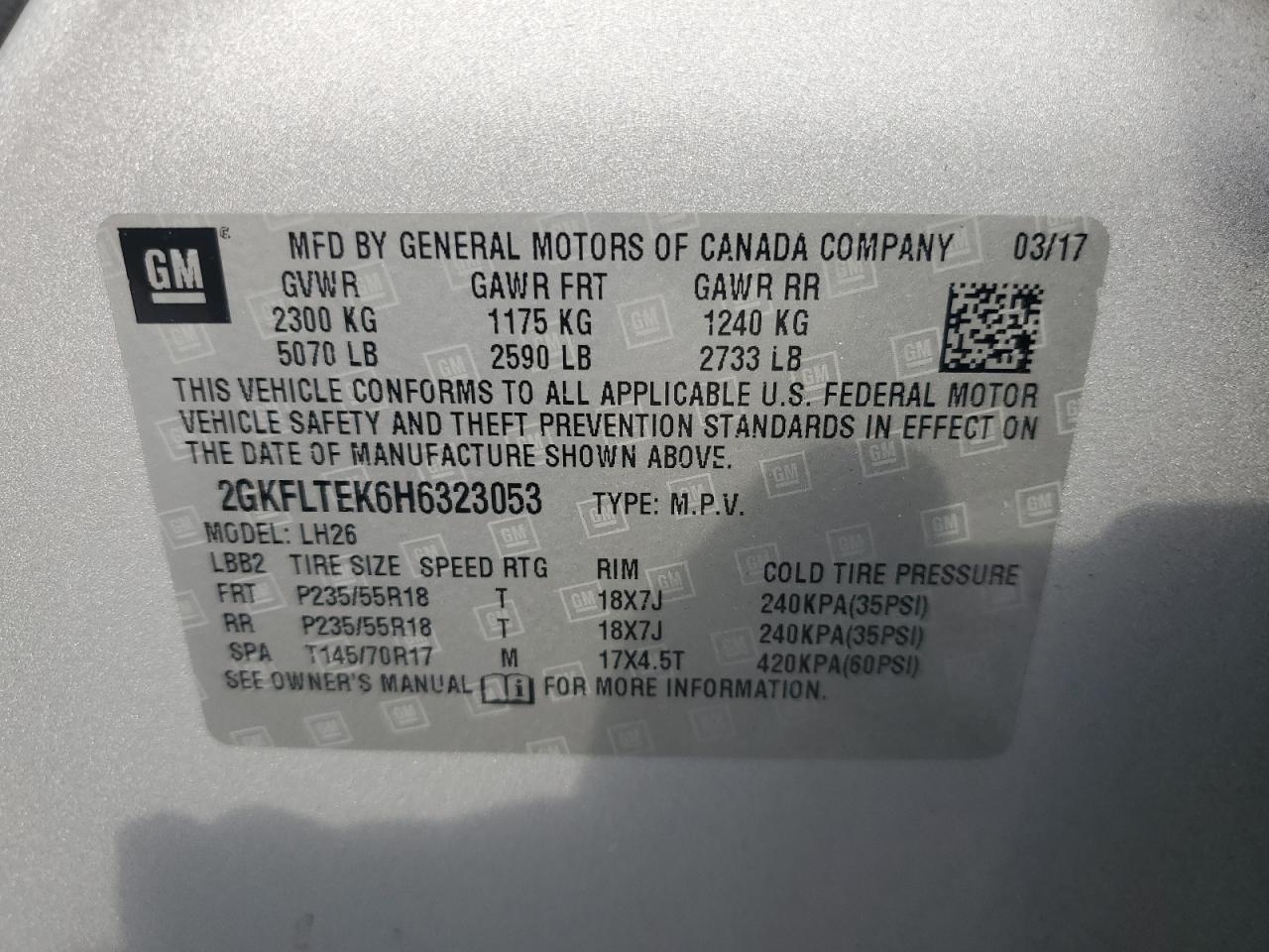 2017 GMC Terrain Sle VIN: 2GKFLTEK6H6323053 Lot: 59829904