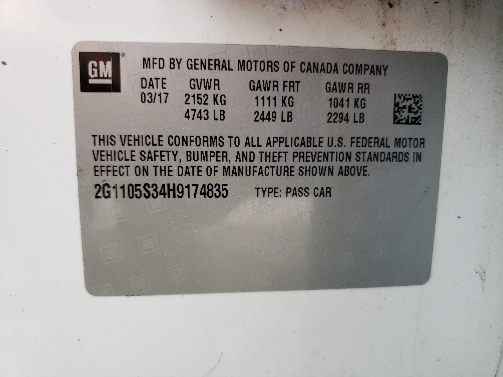 2G1105S34H9174835 2017 Chevrolet Impala Lt
