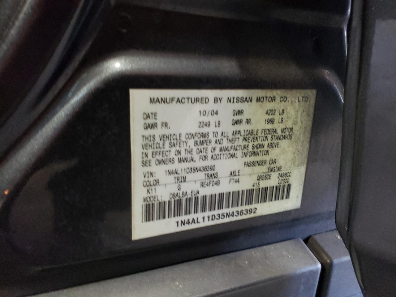 2005 Nissan Altima S VIN: 1N4AL11D35N436392 Lot: 59985944