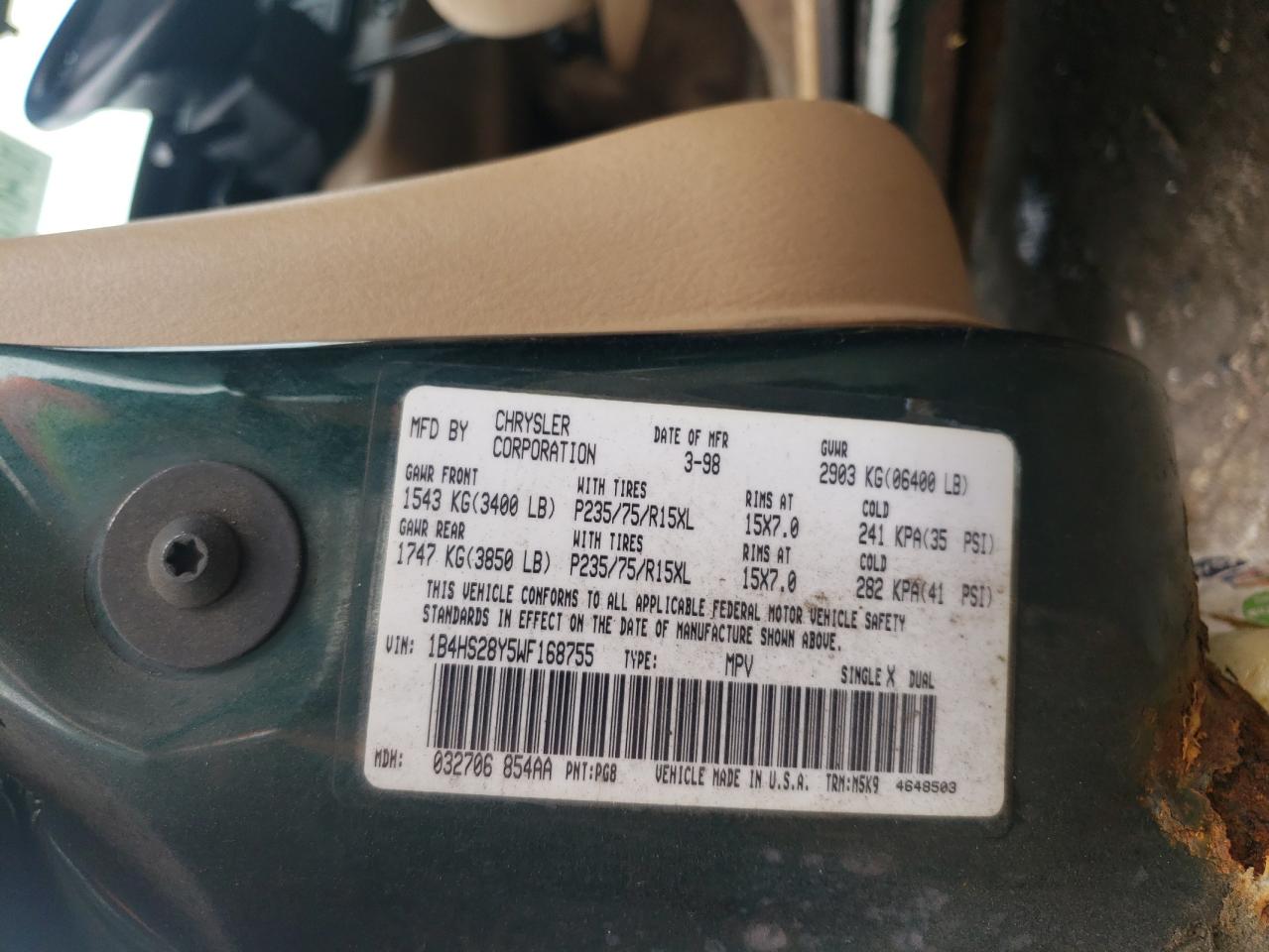 1998 Dodge Durango VIN: 1B4HS28Y5WF168755 Lot: 60481514