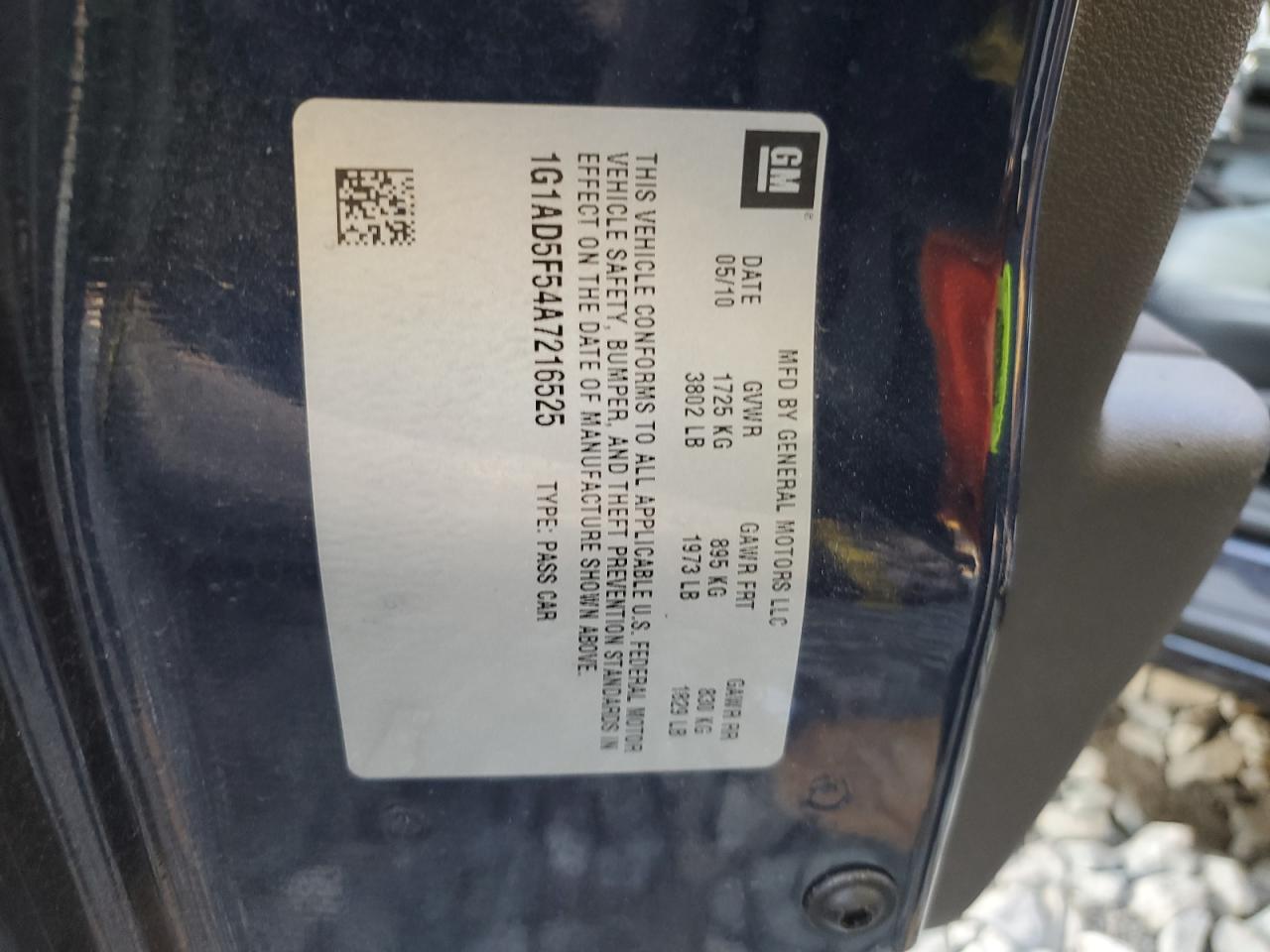 2010 Chevrolet Cobalt 1Lt VIN: 1G1AD5F54A7216525 Lot: 59546034