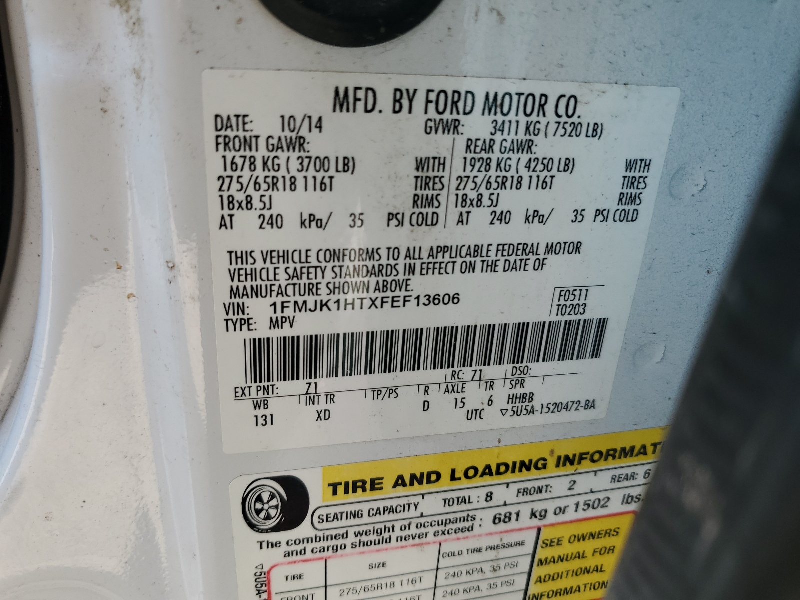 1FMJK1HTXFEF13606 2015 Ford Expedition El Xlt