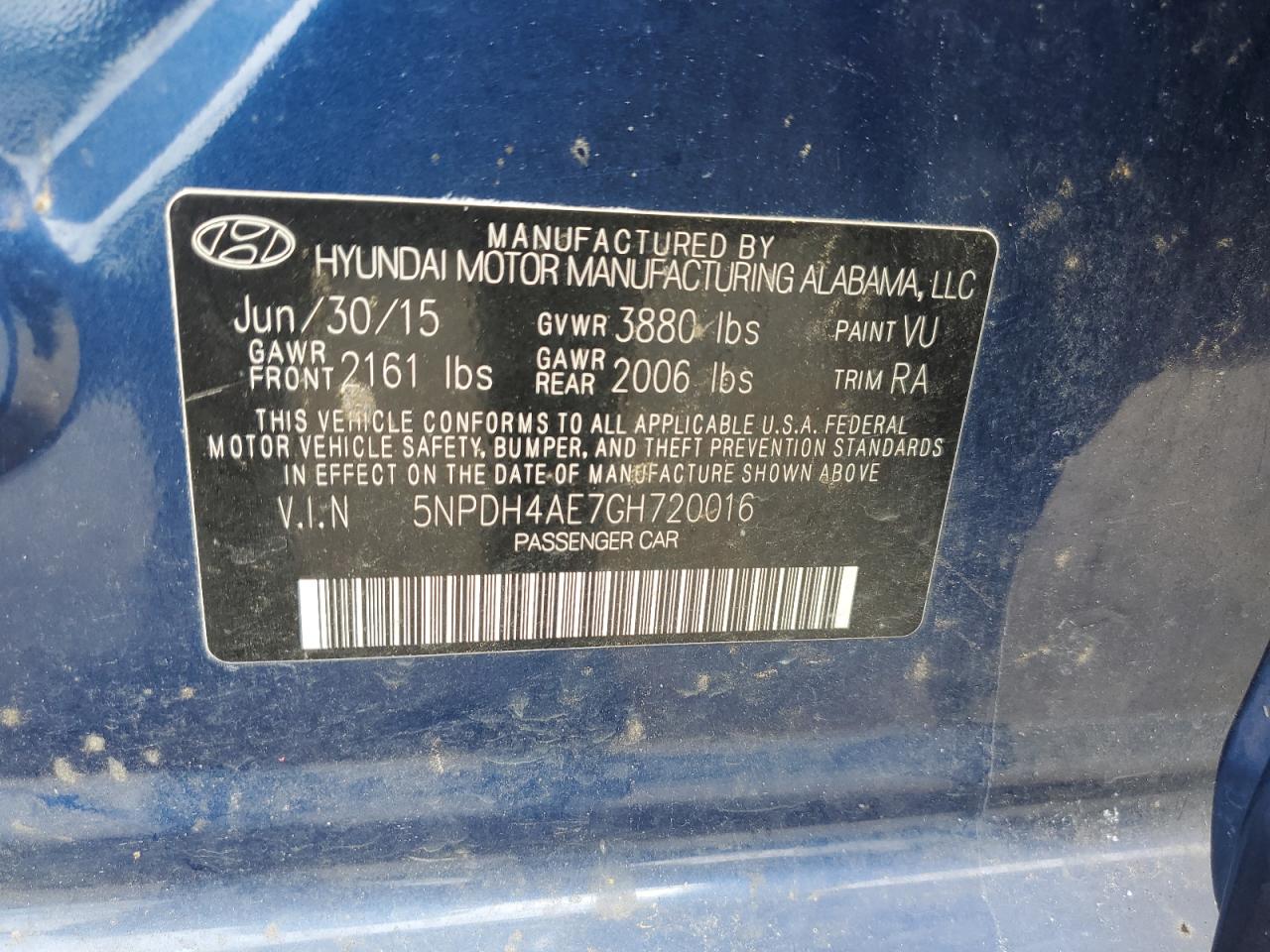 2016 Hyundai Elantra Se VIN: 5NPDH4AE7GH720016 Lot: 57200804