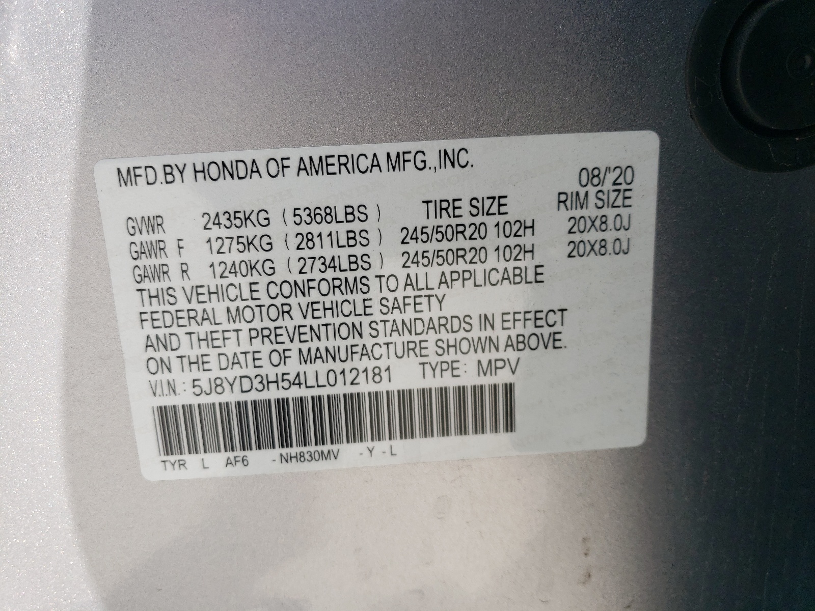 5J8YD3H54LL012181 2020 Acura Mdx Technology