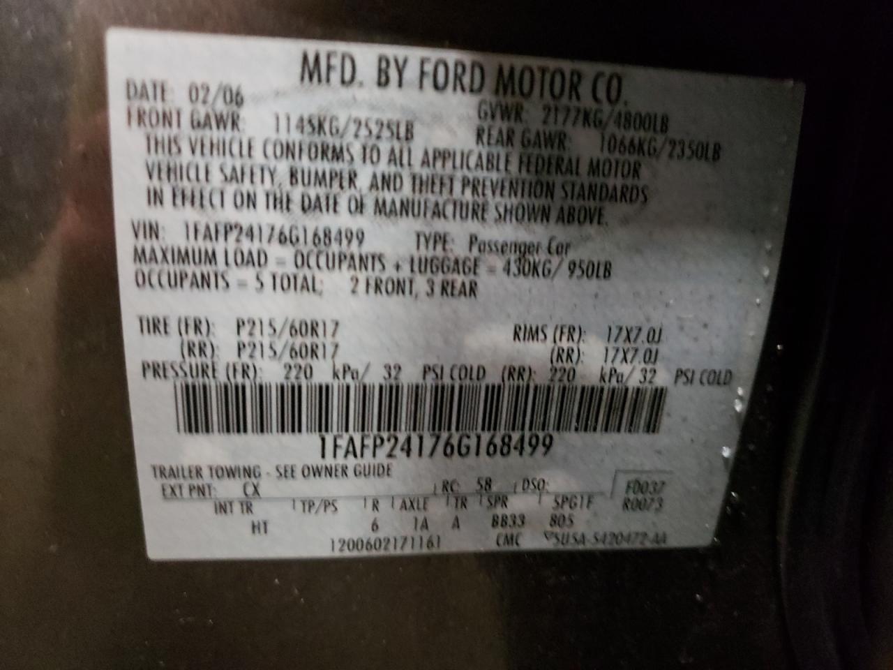 2006 Ford Five Hundred Sel VIN: 1FAFP24176G168499 Lot: 58386814