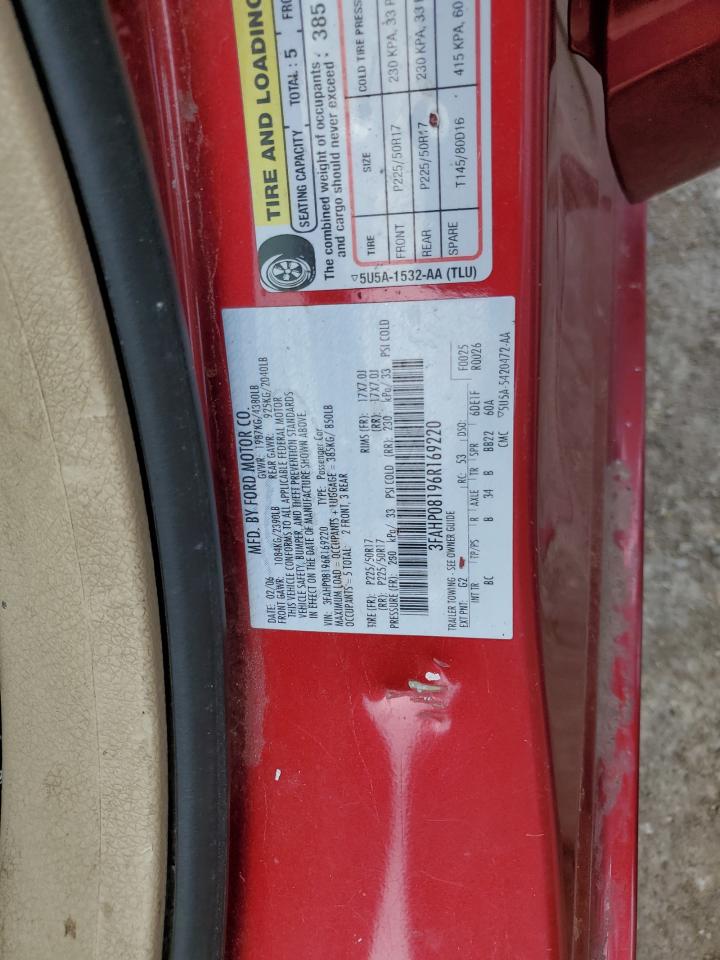 2006 Ford Fusion Sel VIN: 3FAHP08196R169220 Lot: 60133944