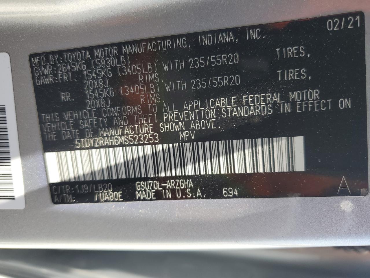 2021 Toyota Highlander Limited VIN: 5TDYZRAH6MS523253 Lot: 60272634