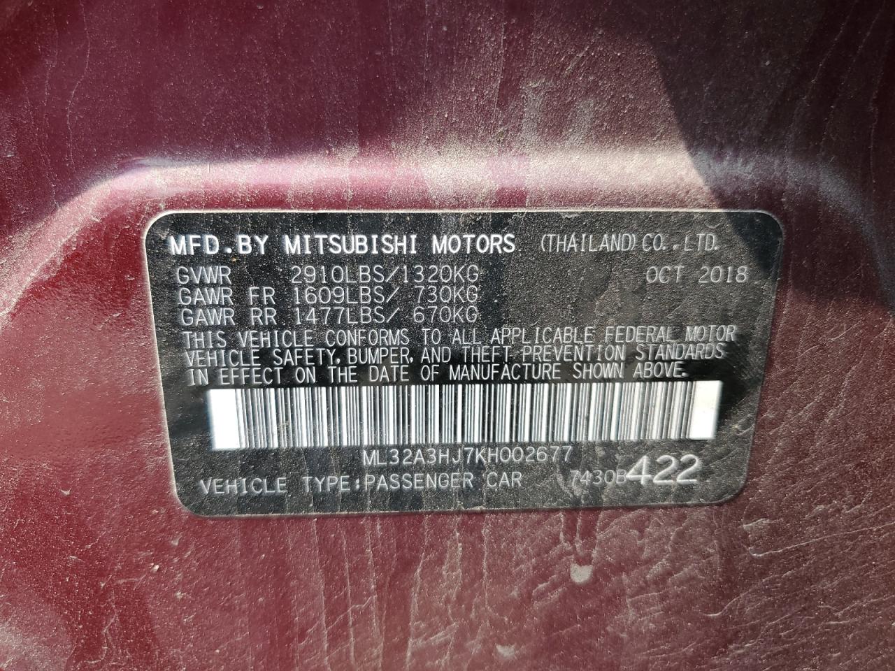 2019 Mitsubishi Mirage Es VIN: ML32A3HJ7KH002677 Lot: 59816824