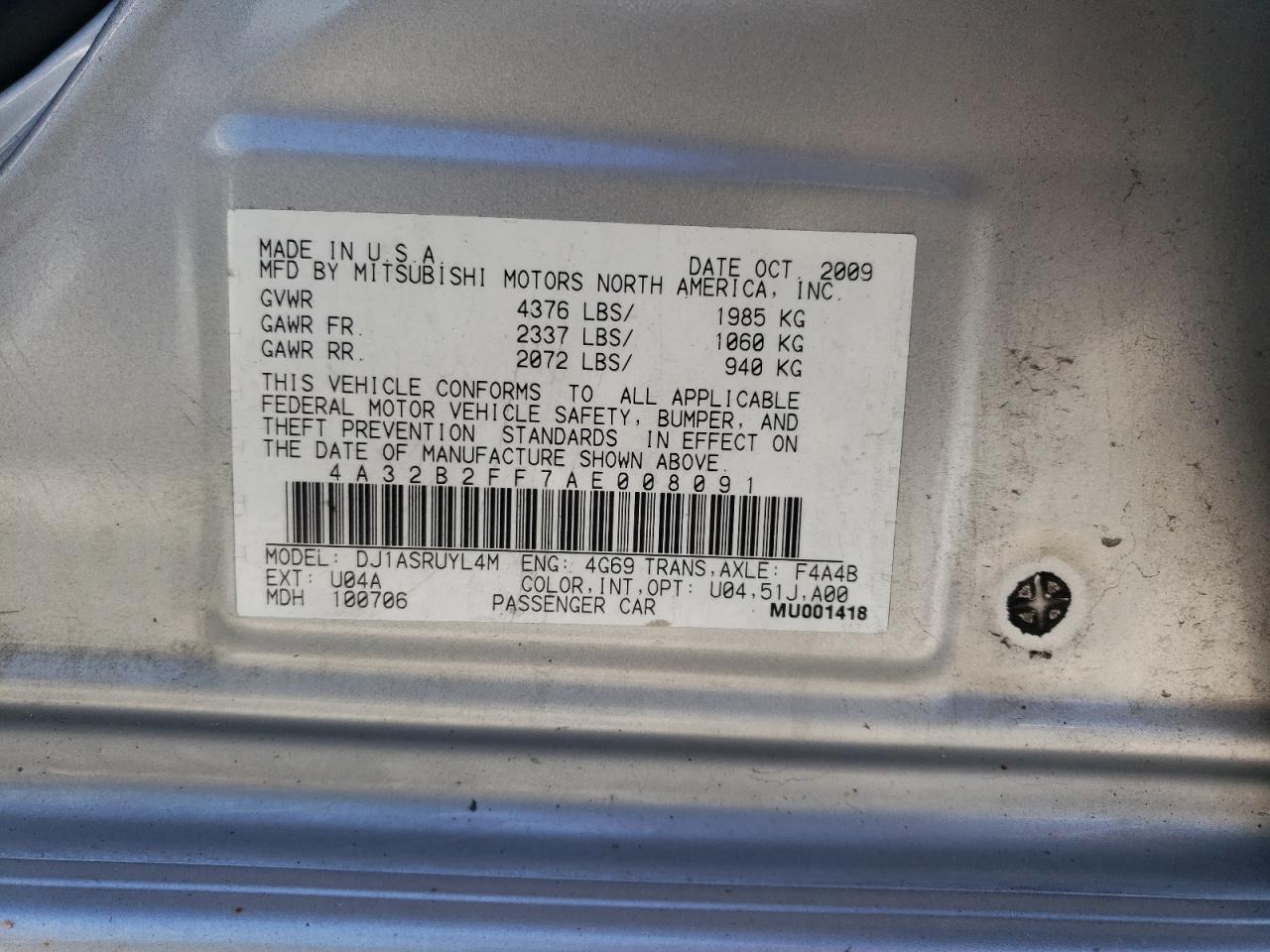 2010 Mitsubishi Galant Fe VIN: 4A32B2FF7AE008091 Lot: 57684084